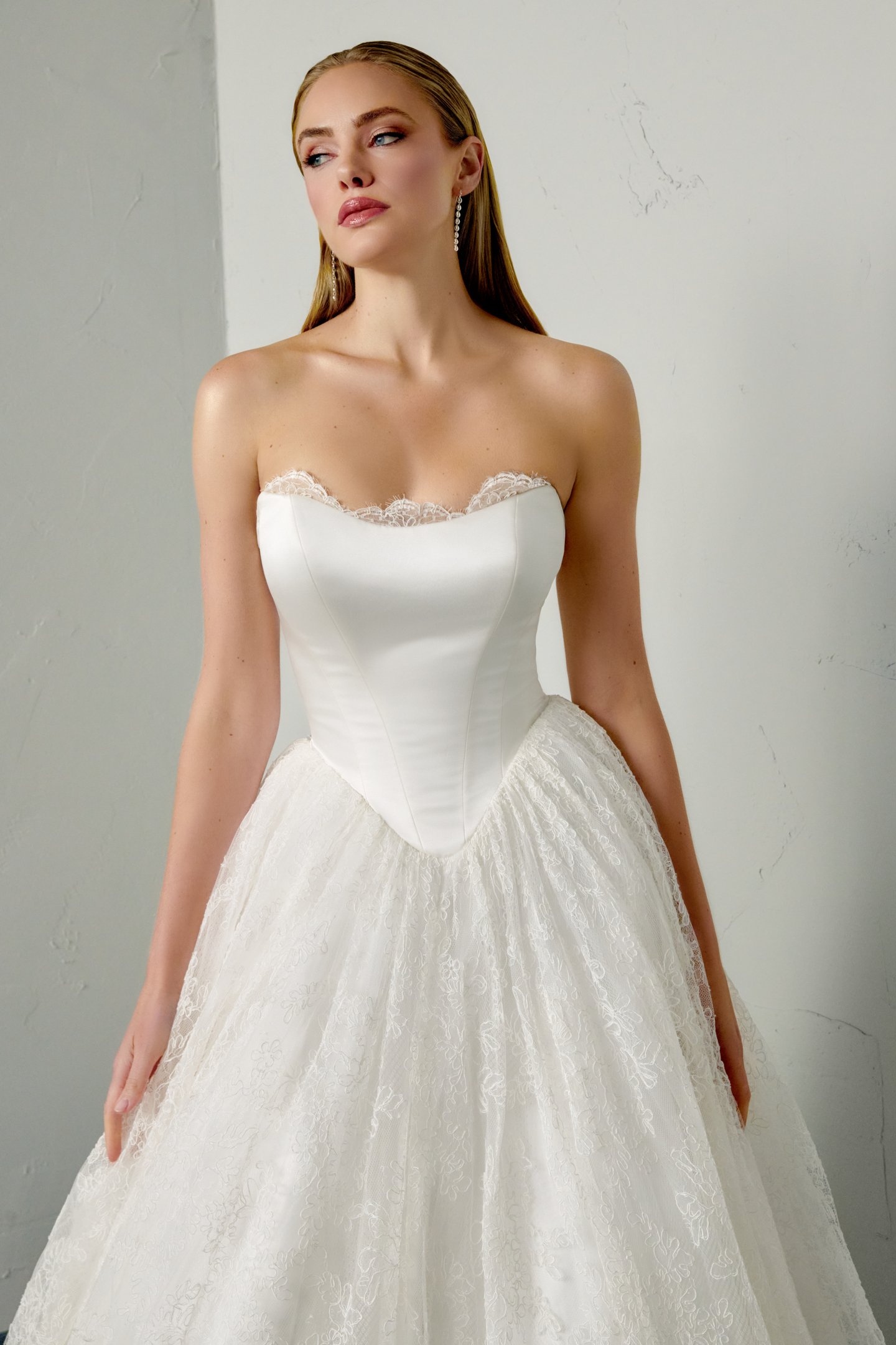 Justin Alexander Signature Style 99389 SABLE Alençon Lace Ball Gown with Satin Bodice and Peek-a-Boo Neckline