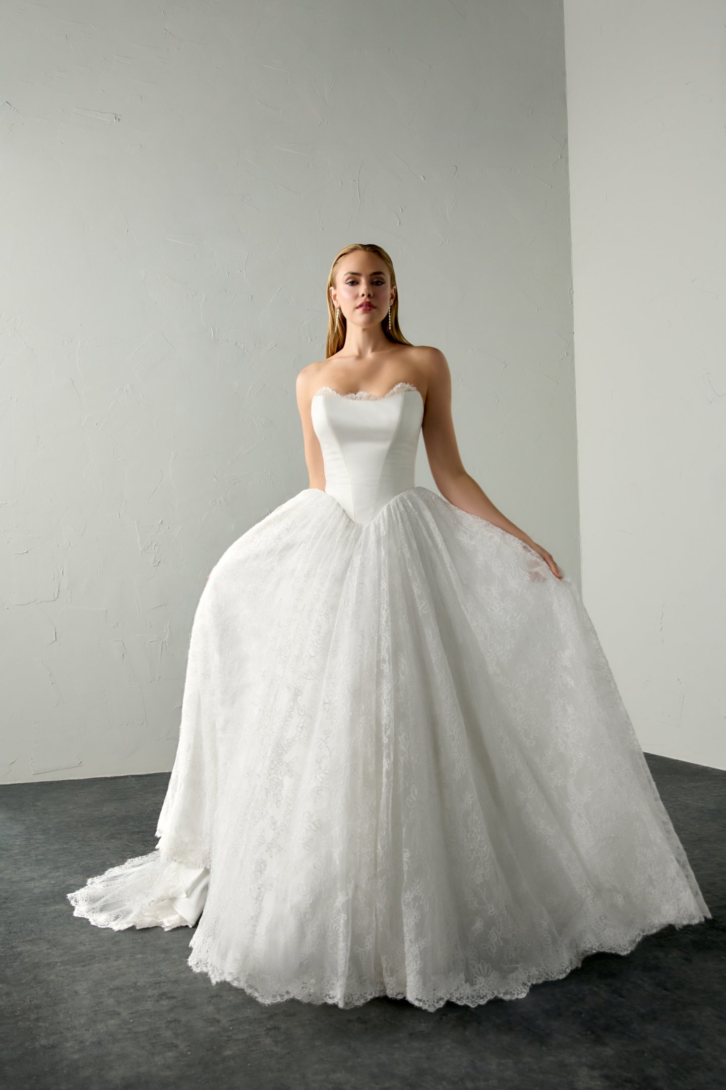 Justin Alexander Signature Style 99389 SABLE Alençon Lace Ball Gown with Satin Bodice and Peek-a-Boo Neckline