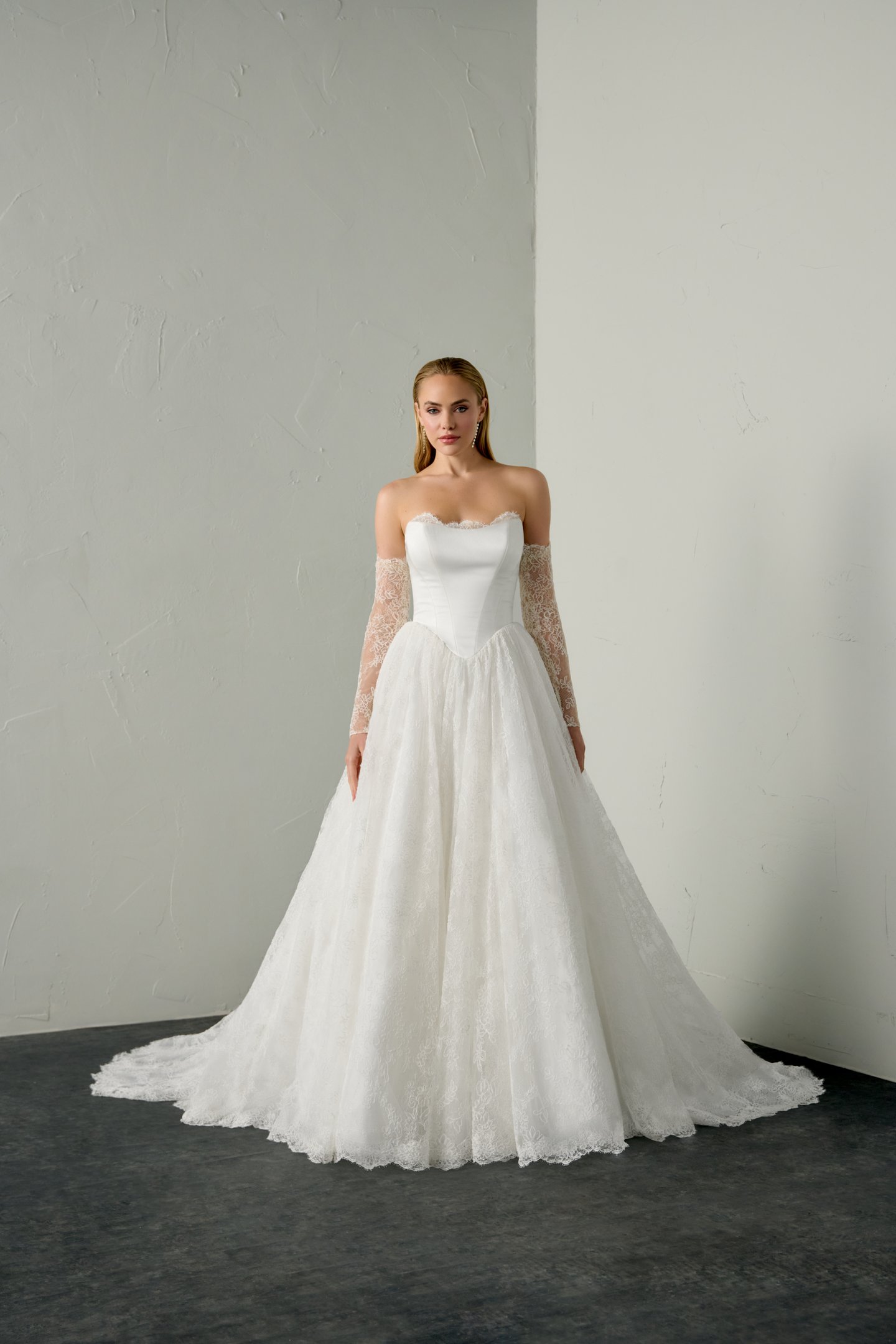 Justin Alexander Signature Style 99389 SABLE Alençon Lace Ball Gown with Satin Bodice and Peek-a-Boo Neckline