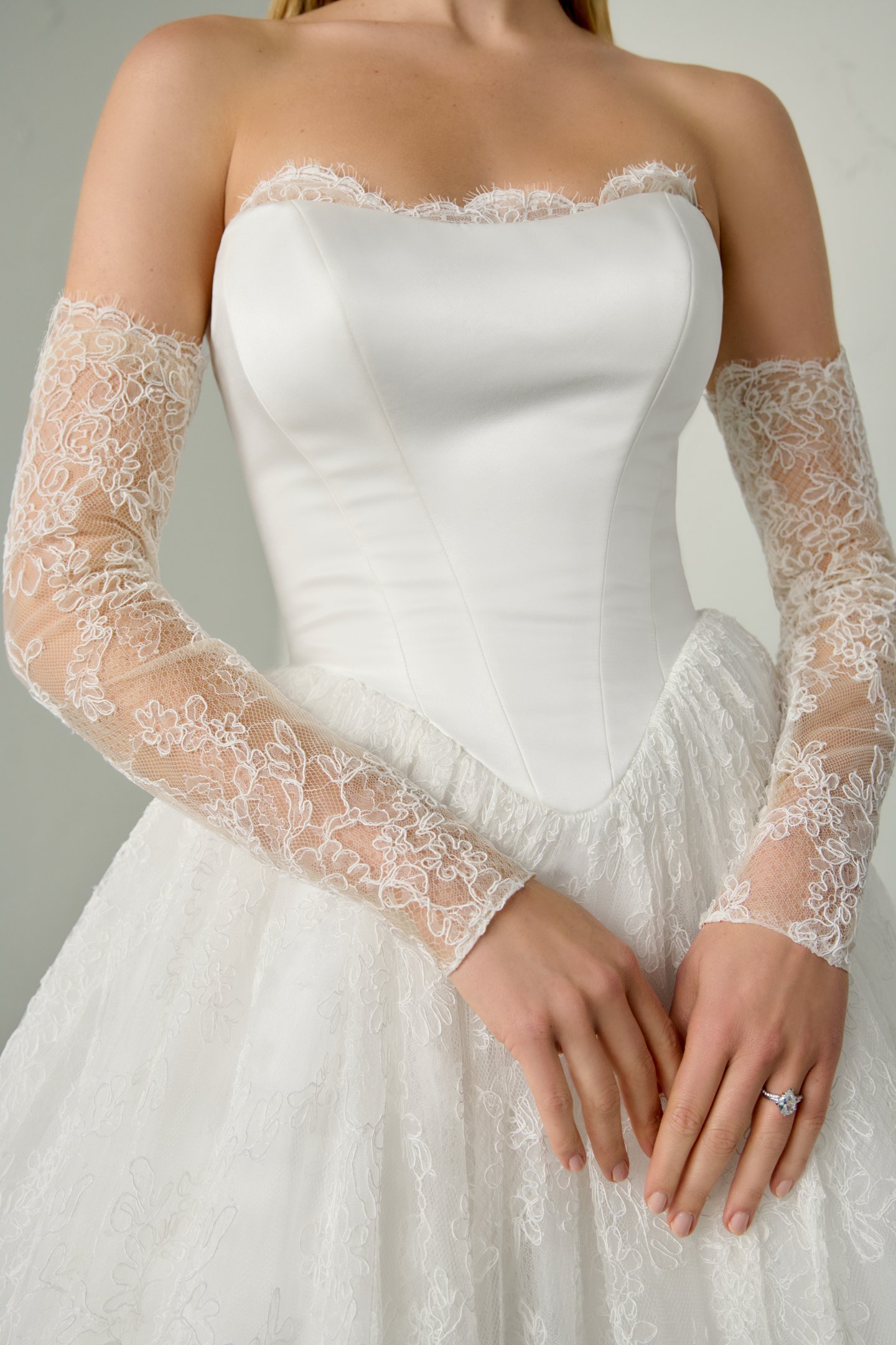 Justin Alexander Signature Style 99389SL SABLE SLEEVES Detachable Corded Alençon Lace Long Sleeves with Scalloped Edge Detail