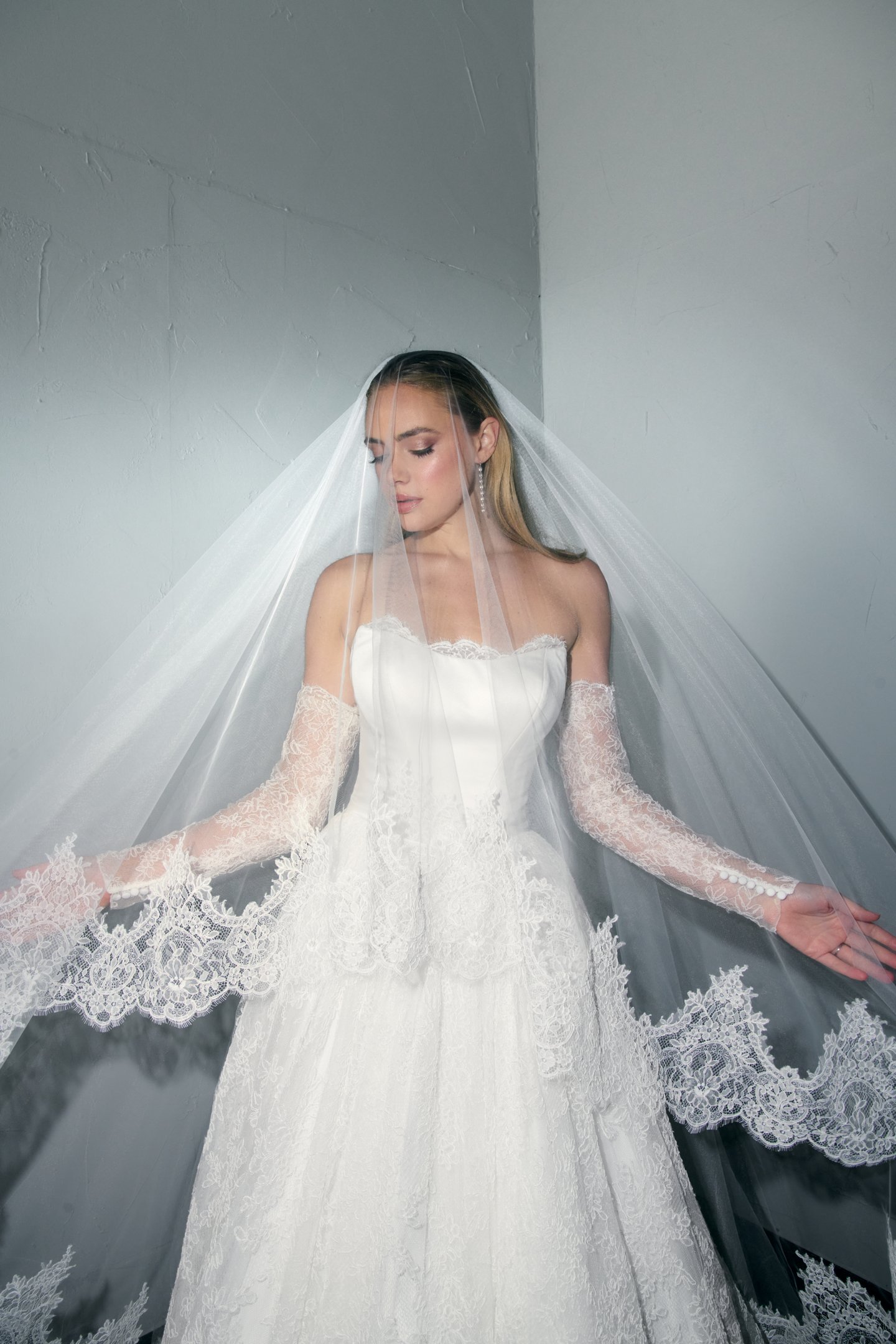 Justin Alexander Signature Style 99389SL SABLE SLEEVES Detachable Corded Alençon Lace Long Sleeves with Scalloped Edge Detail