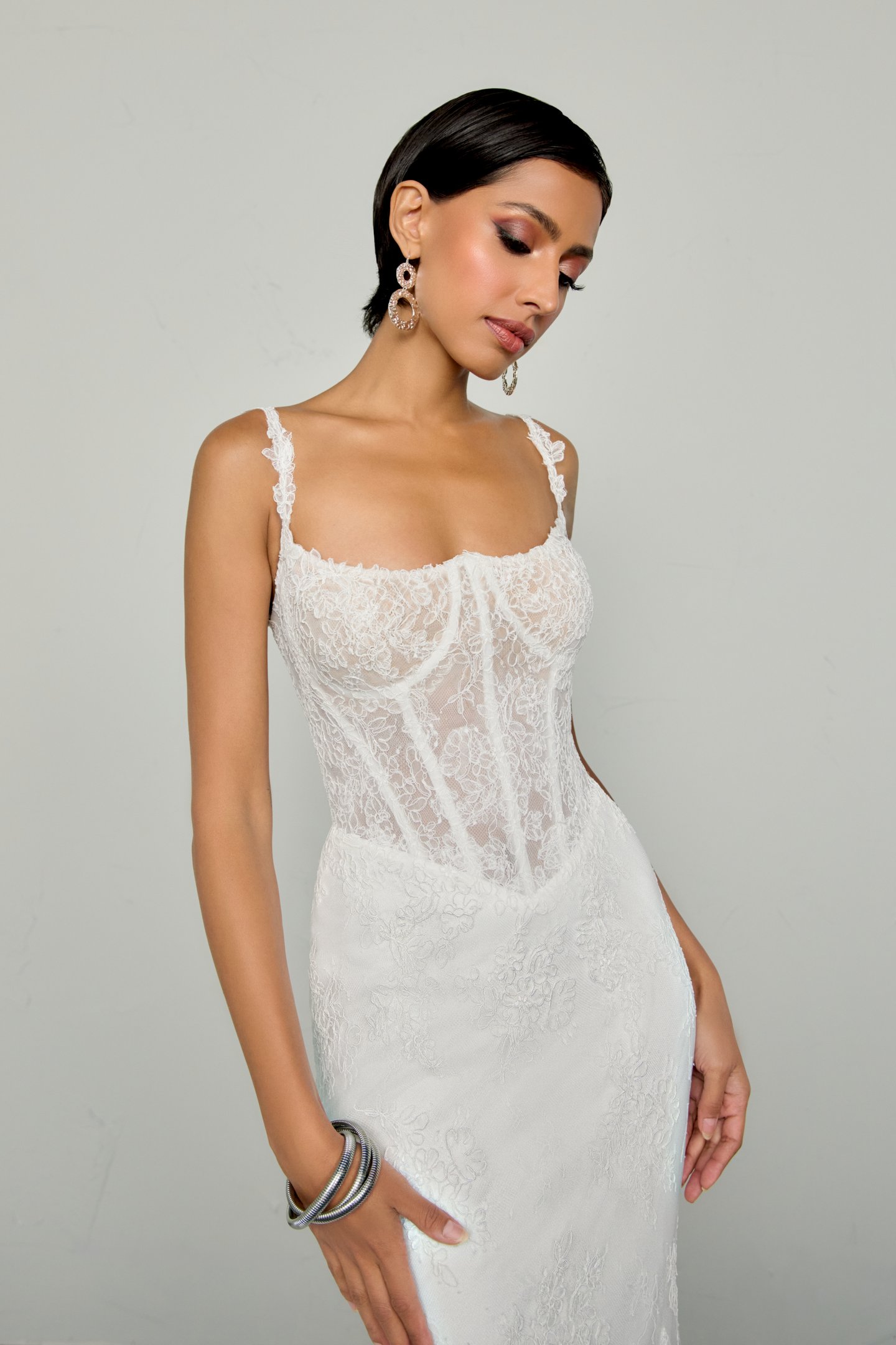 Justin Alexander Signature Style 99390 VALOUR Corded Lace Fit & Flare Gown with Inverted Neckline and Demi Cups