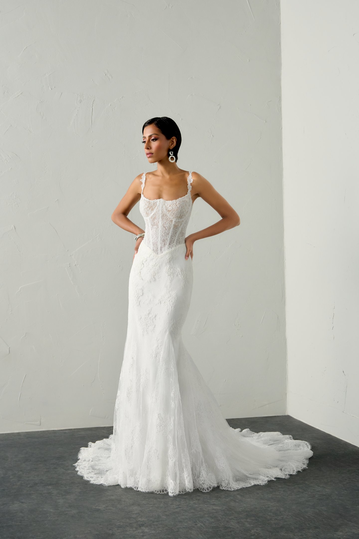 Justin Alexander Signature Style 99390 VALOUR Corded Lace Fit & Flare Gown with Inverted Neckline and Demi Cups