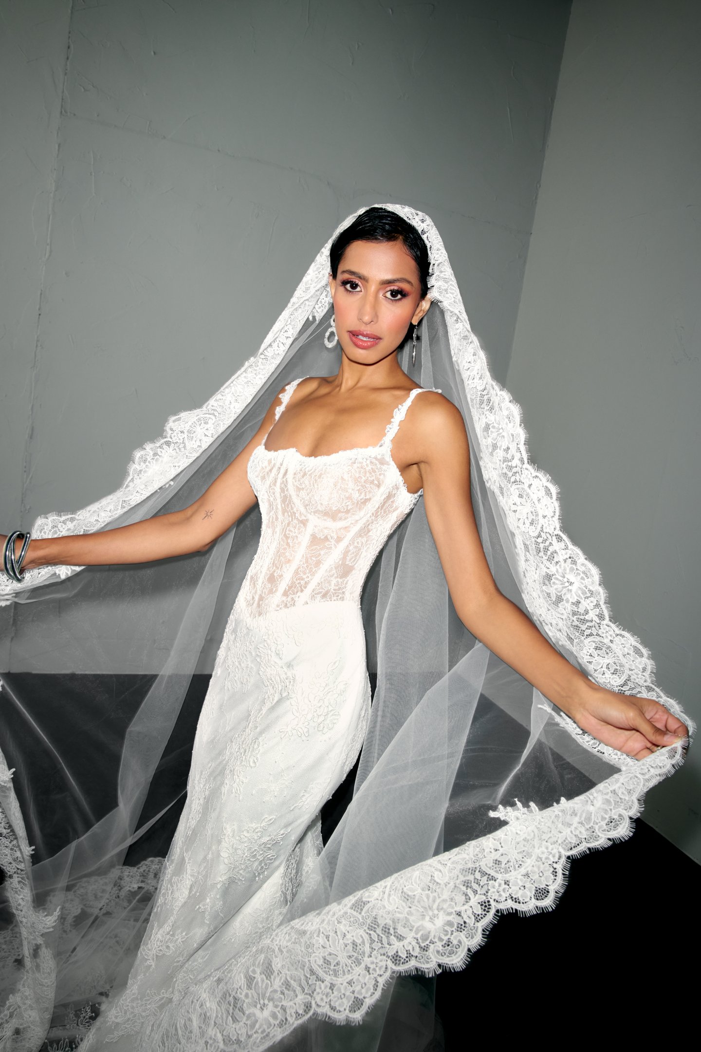 Justin Alexander Signature Style 99390 VALOUR Corded Lace Fit & Flare Gown with Inverted Neckline and Demi Cups