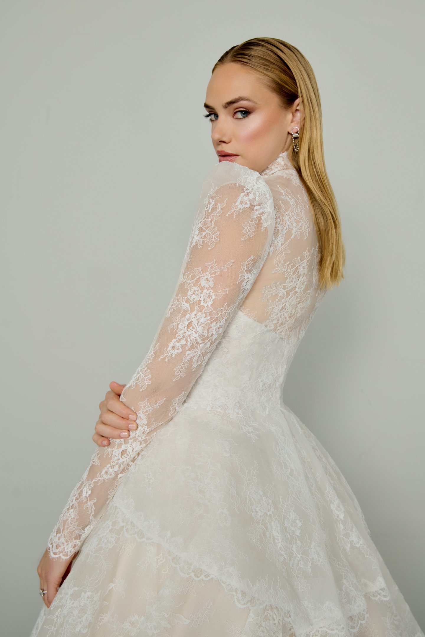 Justin Alexander Signature Style 99392 ERIS Chantilly Lace Ball Gown with Peek-a-Boo Neckline and Basque Waist