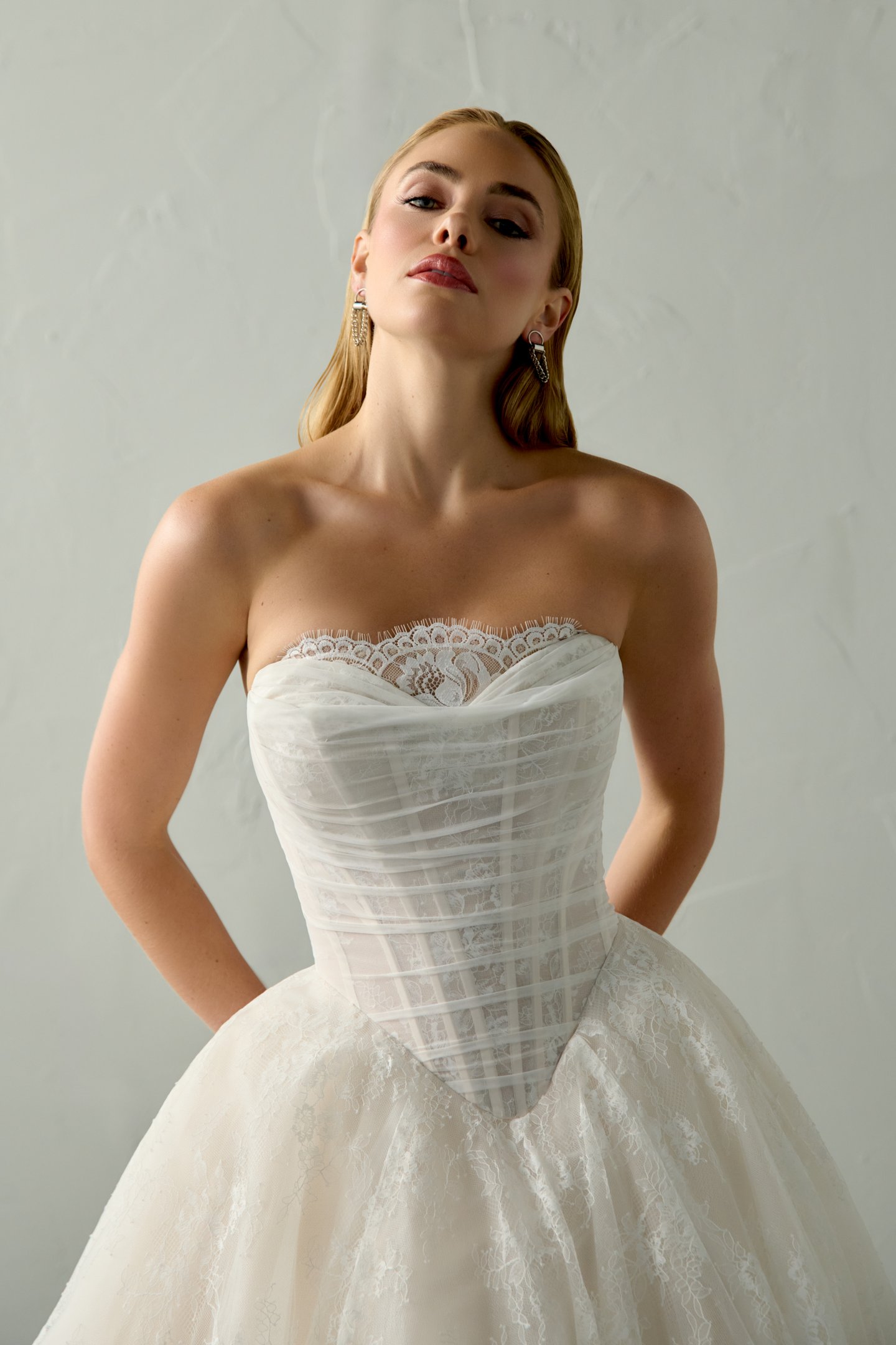 Justin Alexander Signature Style 99392 ERIS Chantilly Lace Ball Gown with Peek-a-Boo Neckline and Basque Waist