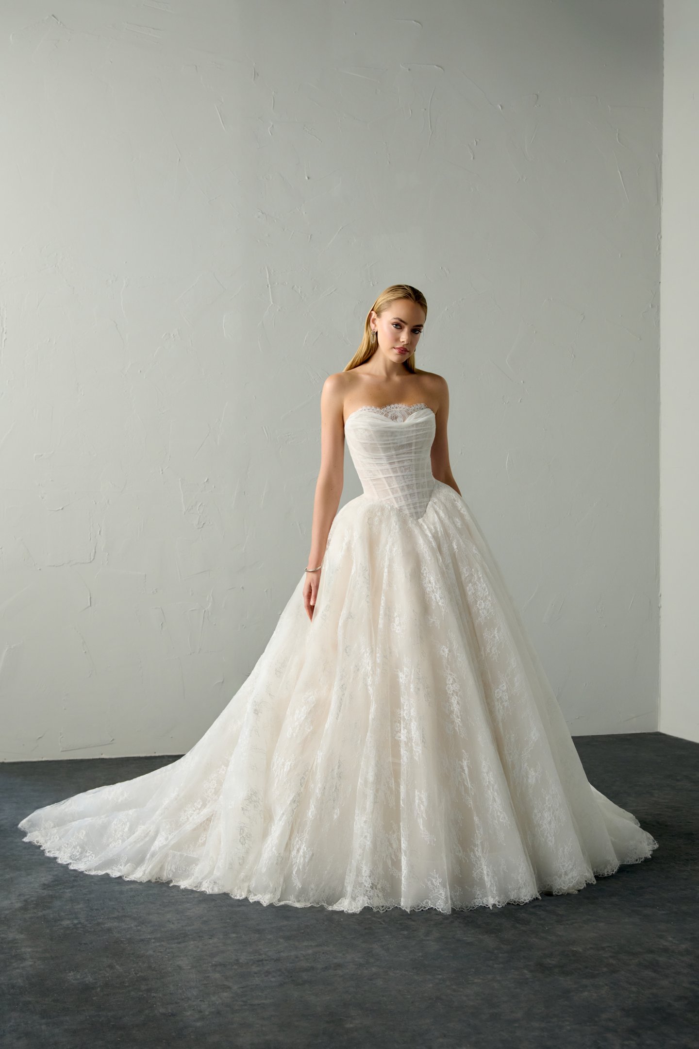 Justin Alexander Signature Style 99392 ERIS Chantilly Lace Ball Gown with Peek-a-Boo Neckline and Basque Waist