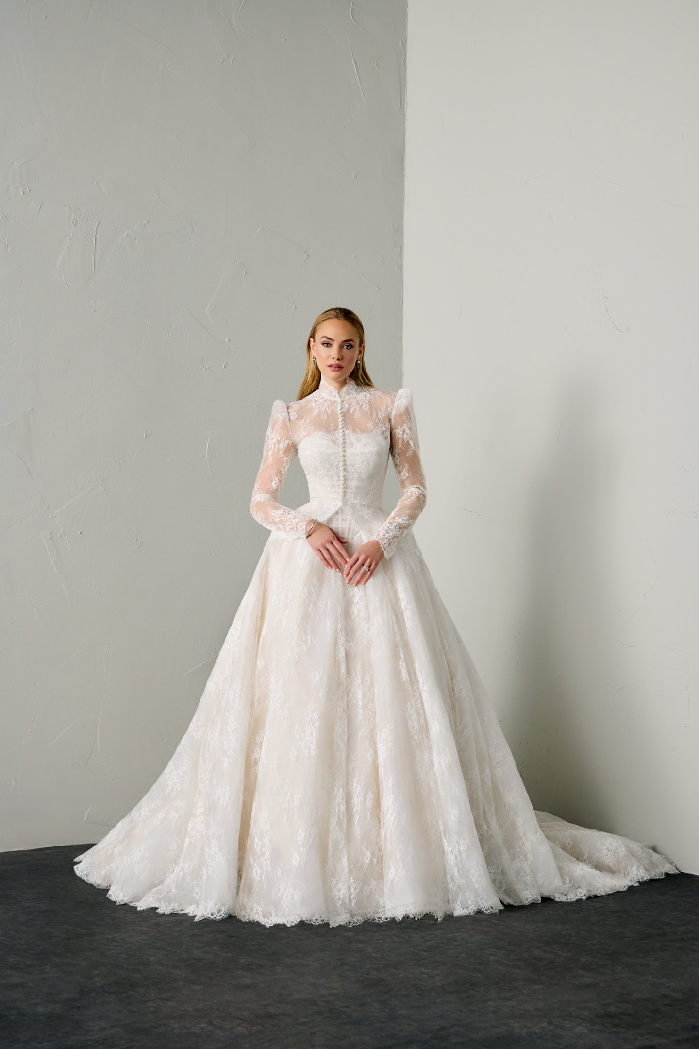 Justin Alexander Signature Style 99392 ERIS Chantilly Lace Ball Gown with Peek-a-Boo Neckline and Basque Waist