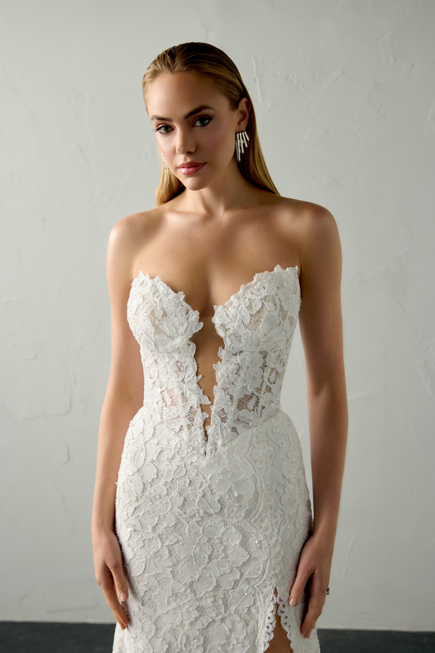 Justin Alexander Signature Style 99393 BLAZE Allover Corded Alençon Lace Fit & Flare with Plunging Neckline