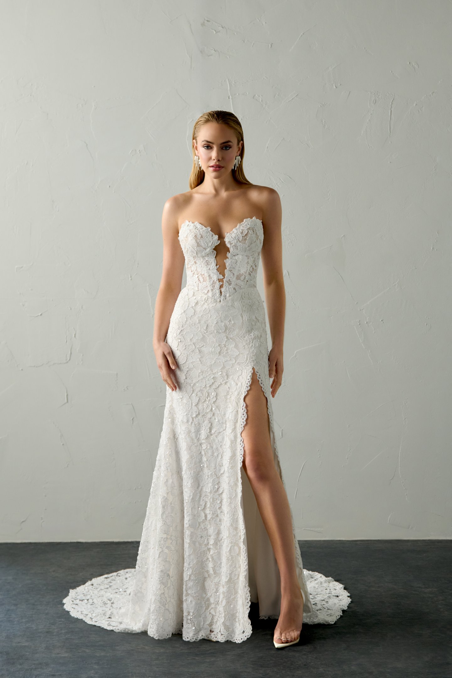 Justin Alexander Signature Style 99393 BLAZE Allover Corded Alençon Lace Fit & Flare with Plunging Neckline