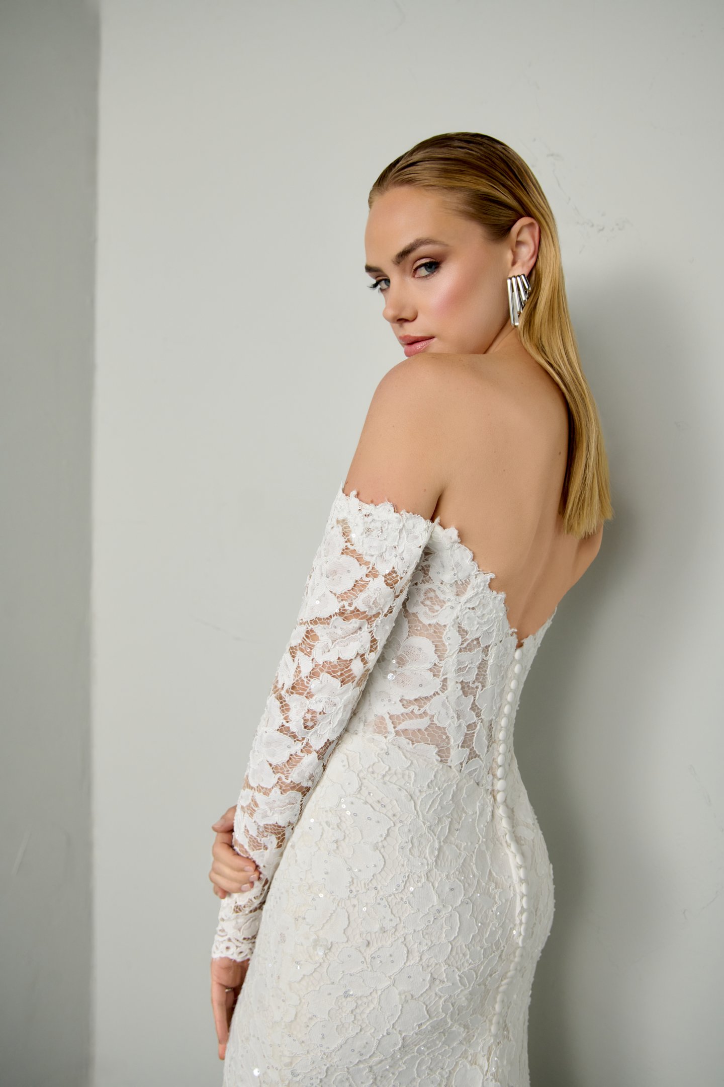 Justin Alexander Signature Style 99393SL BLAZE SLEEVES Detachable Allover Corded Alençon Lace Off-the-Shoulder Long Sleeves