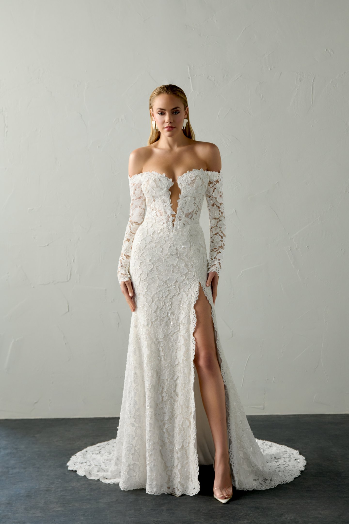 Justin Alexander Signature Style 99393SL BLAZE SLEEVES Detachable Allover Corded Alençon Lace Off-the-Shoulder Long Sleeves