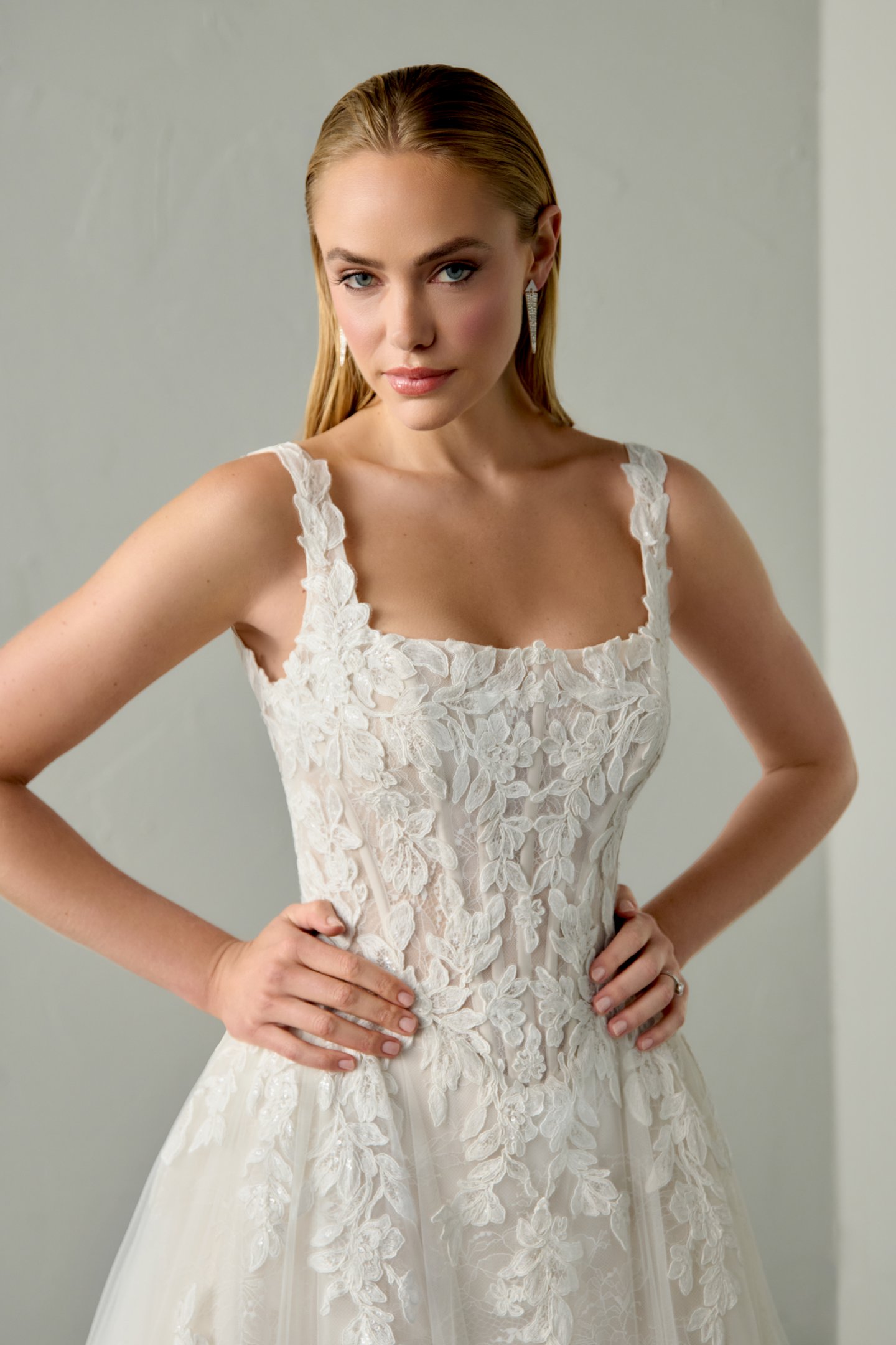 Justin Alexander Signature Style 99394 NOOR Sparkling Lace Ball Gown with Square Neckline and Basque Waistline