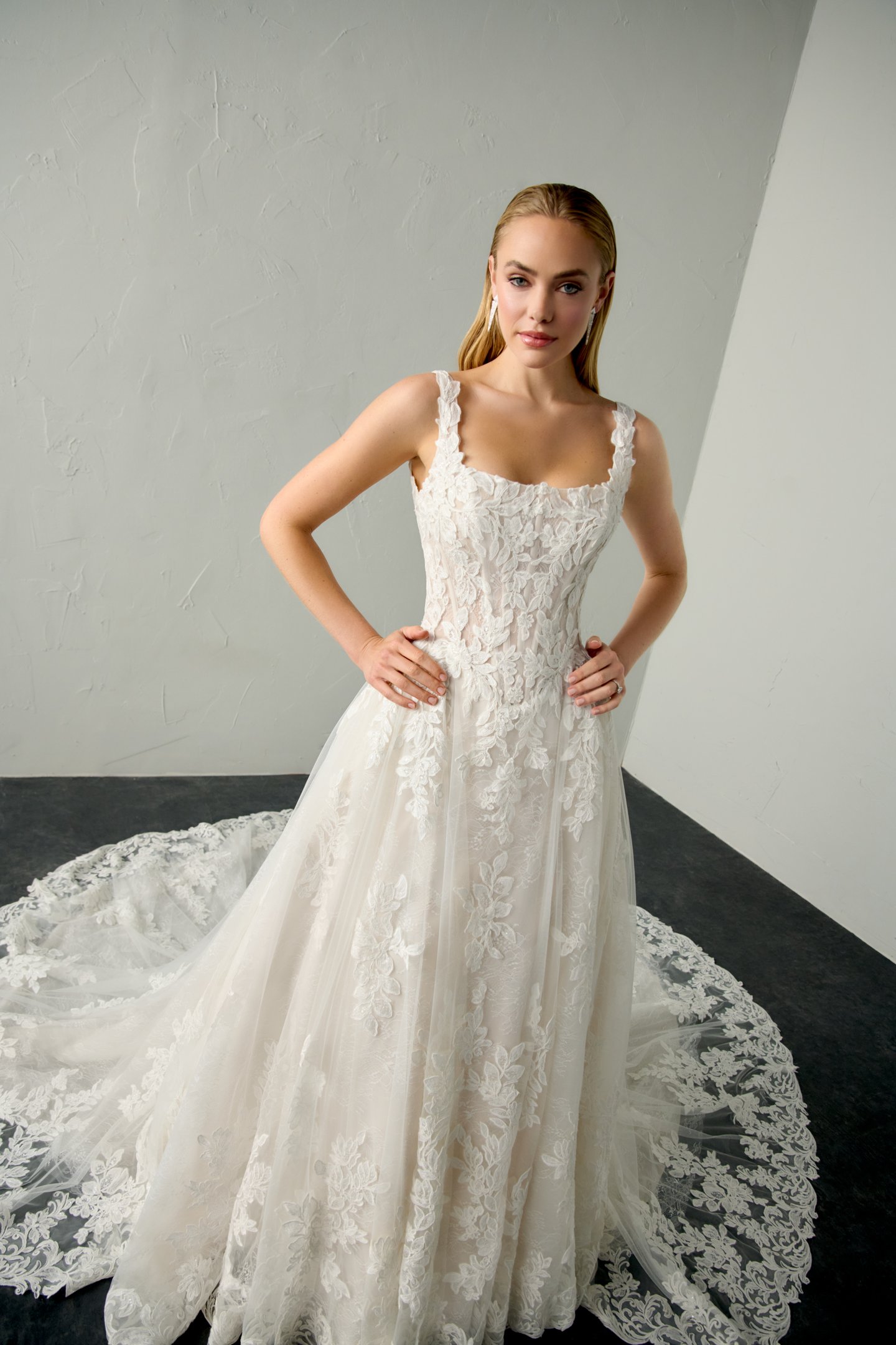 Justin Alexander Signature Style 99394 NOOR Sparkling Lace Ball Gown with Square Neckline and Basque Waistline