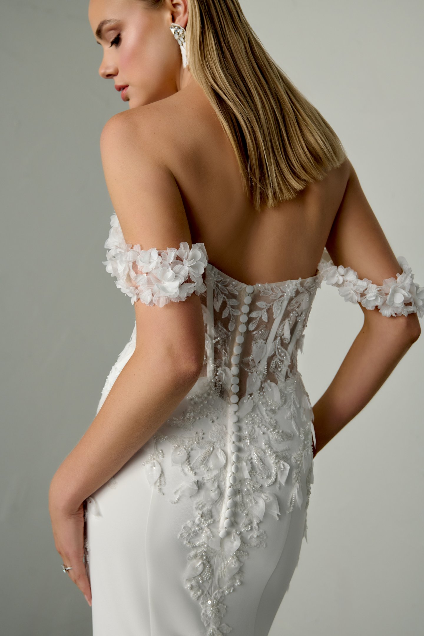 Justin Alexander Signature Style 99395SL FEVER SLEEVES Detachable 3D Floral Off-the-Shoulder Straps with Floral Appliqués