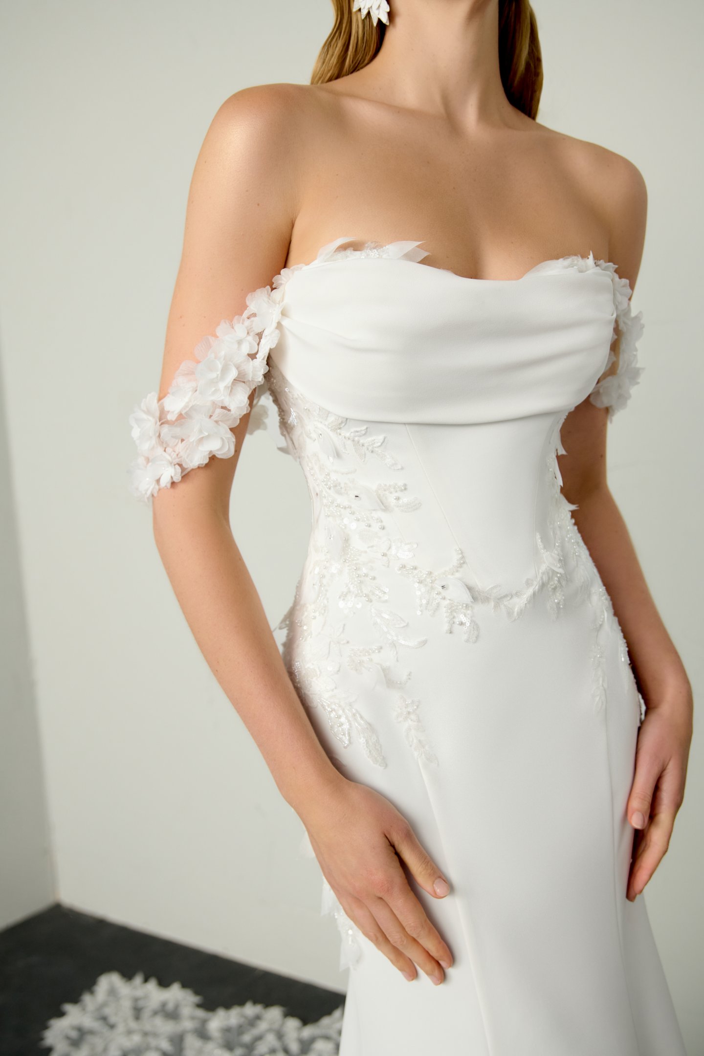 Justin Alexander Signature Style 99395SL FEVER SLEEVES Detachable 3D Floral Off-the-Shoulder Straps with Floral Appliqués