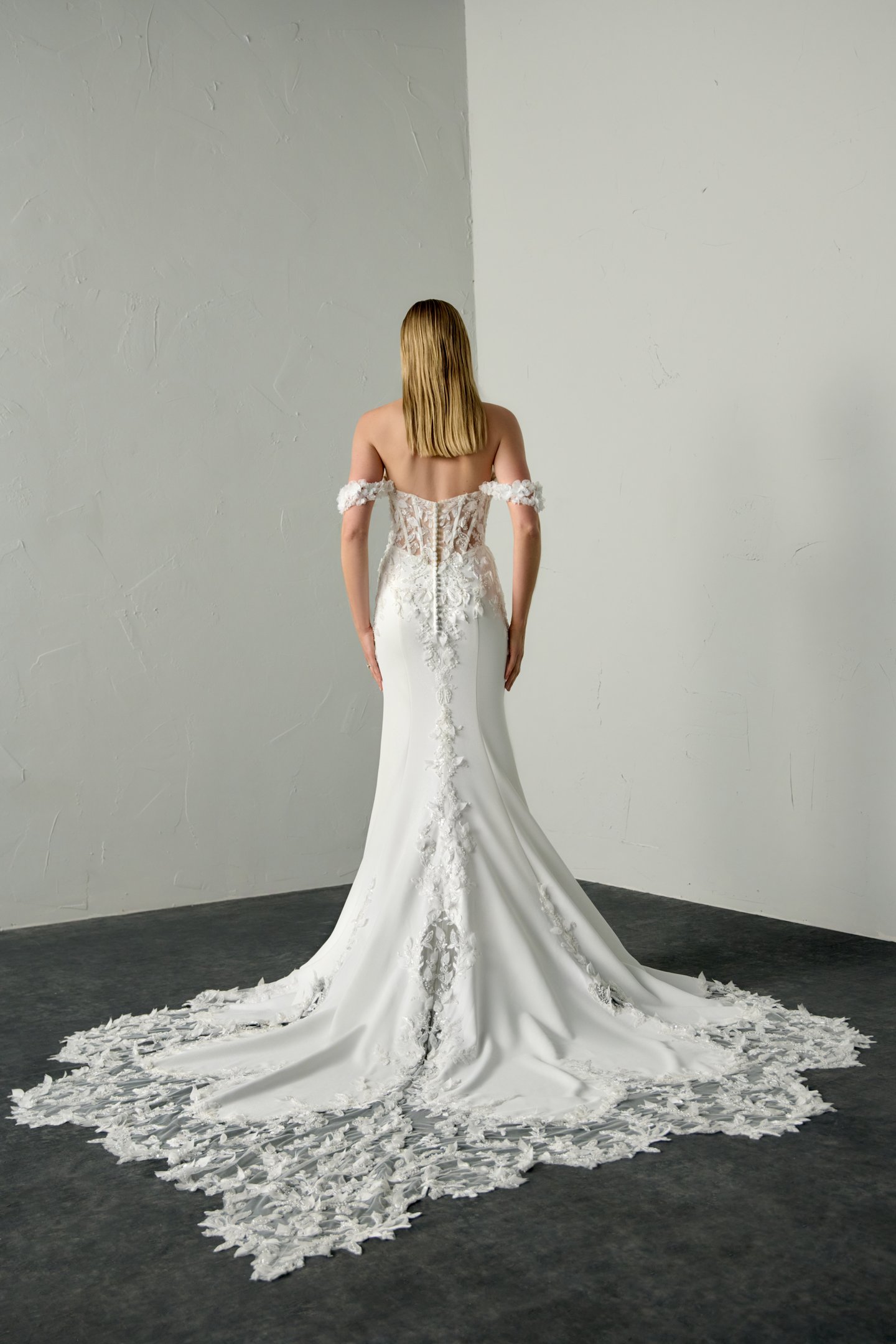 Justin Alexander Signature Style 99395SL FEVER SLEEVES Detachable 3D Floral Off-the-Shoulder Straps with Floral Appliqués