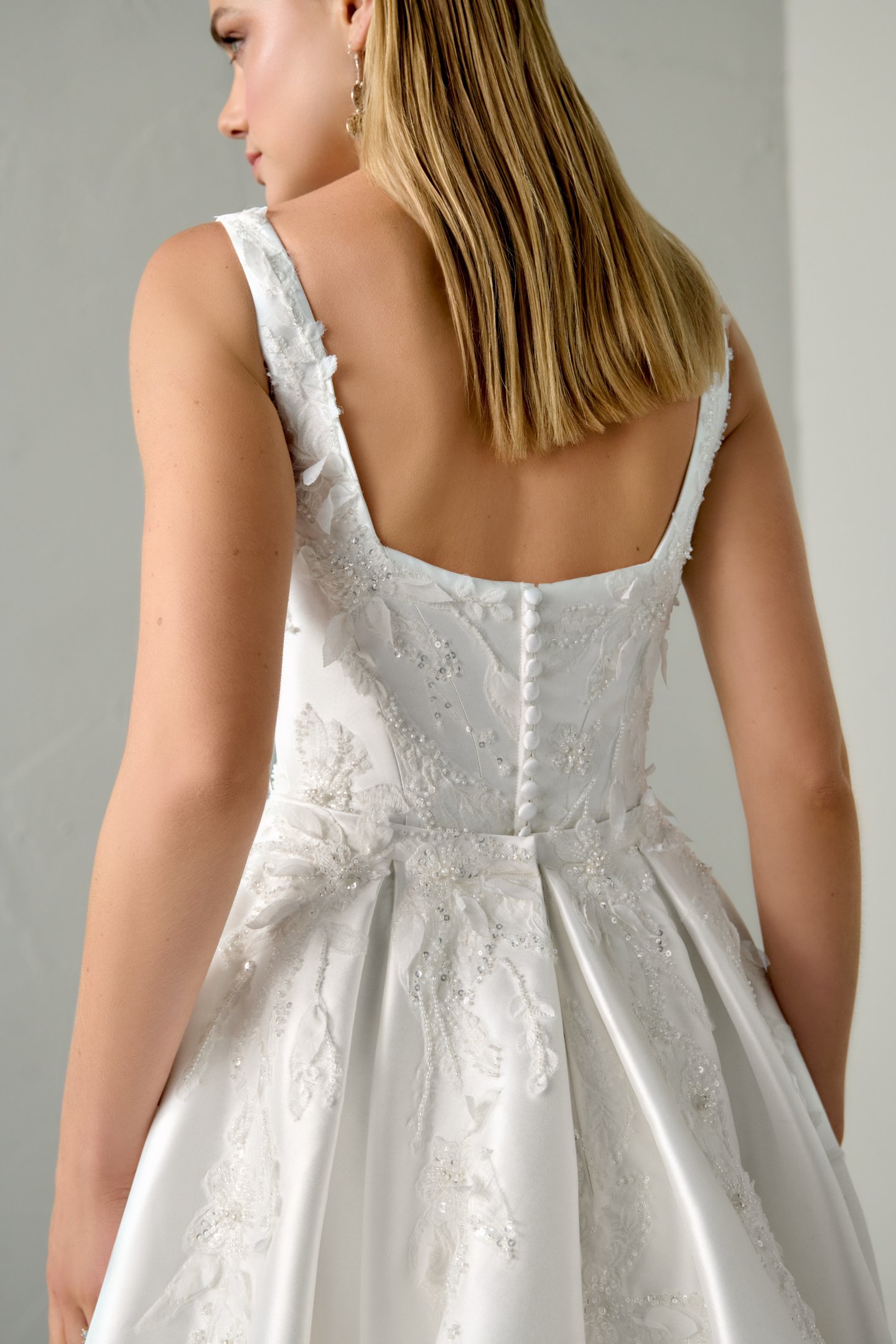 Justin Alexander Signature Style 99397 CARYS Stretch Mikado Fit & Flare with Floral Lace Appliqués and 3D Petals