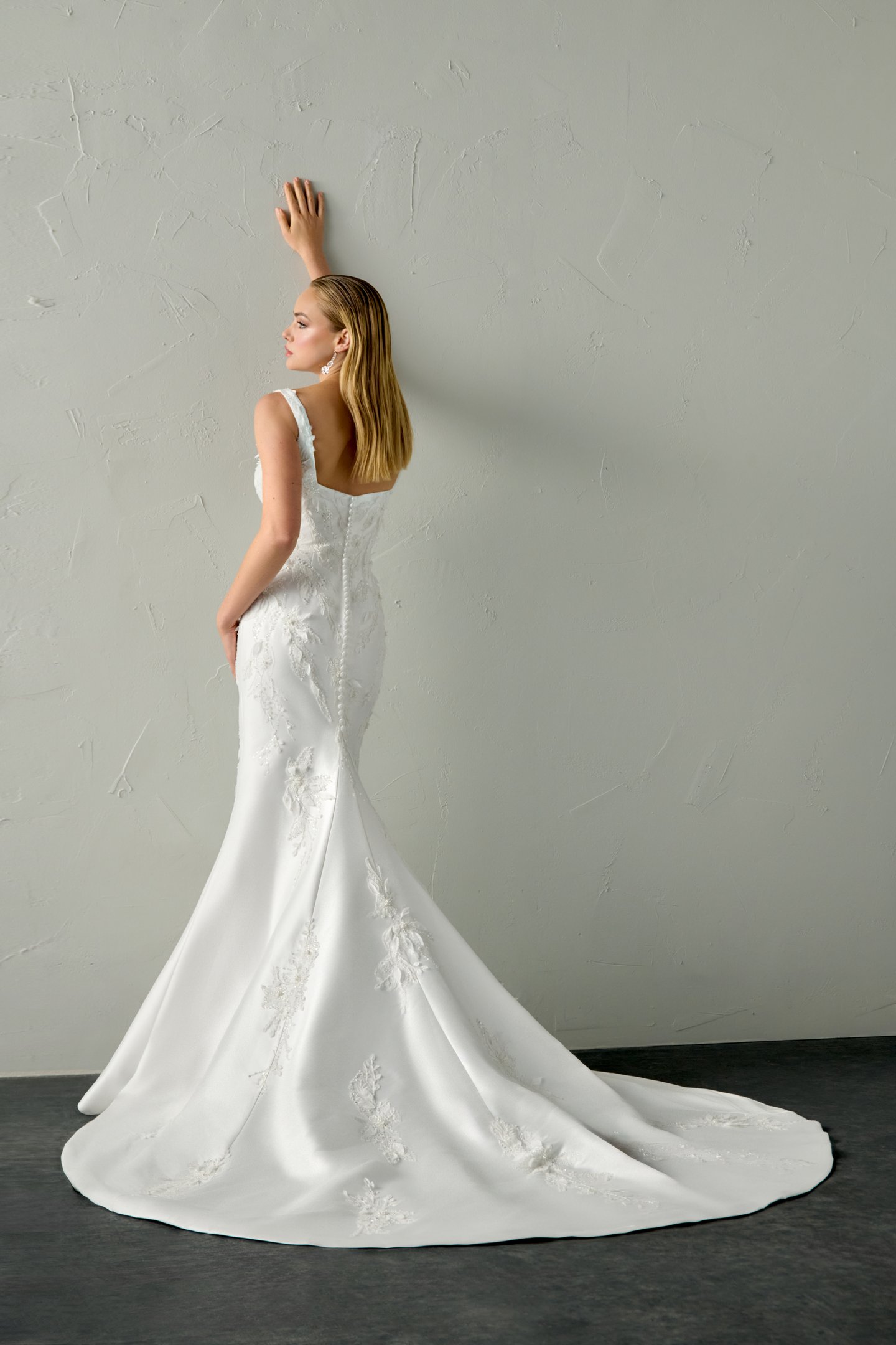 Justin Alexander Signature Style 99397 CARYS Stretch Mikado Fit & Flare with Floral Lace Appliqués and 3D Petals