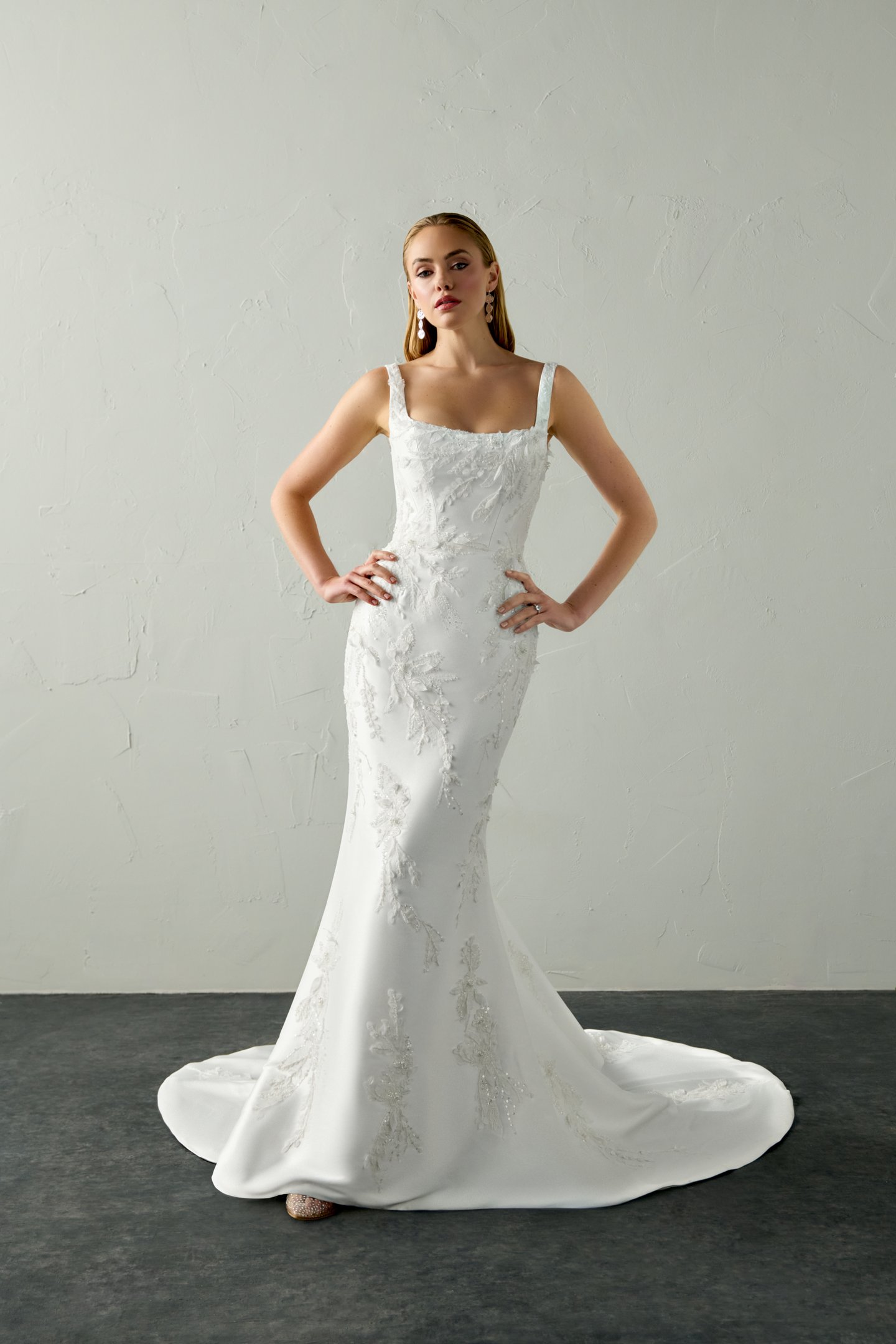 Justin Alexander Signature Style 99397 CARYS Stretch Mikado Fit & Flare with Floral Lace Appliqués and 3D Petals