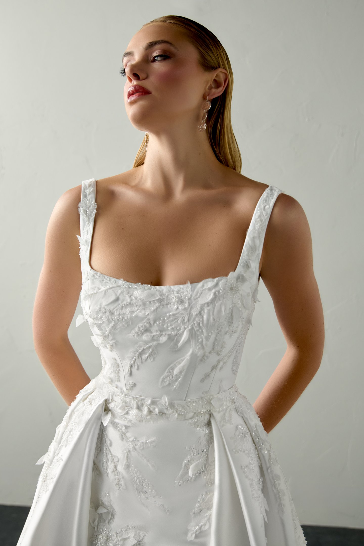 Justin Alexander Signature Style 99397 CARYS Stretch Mikado Fit & Flare with Floral Lace Appliqués and 3D Petals