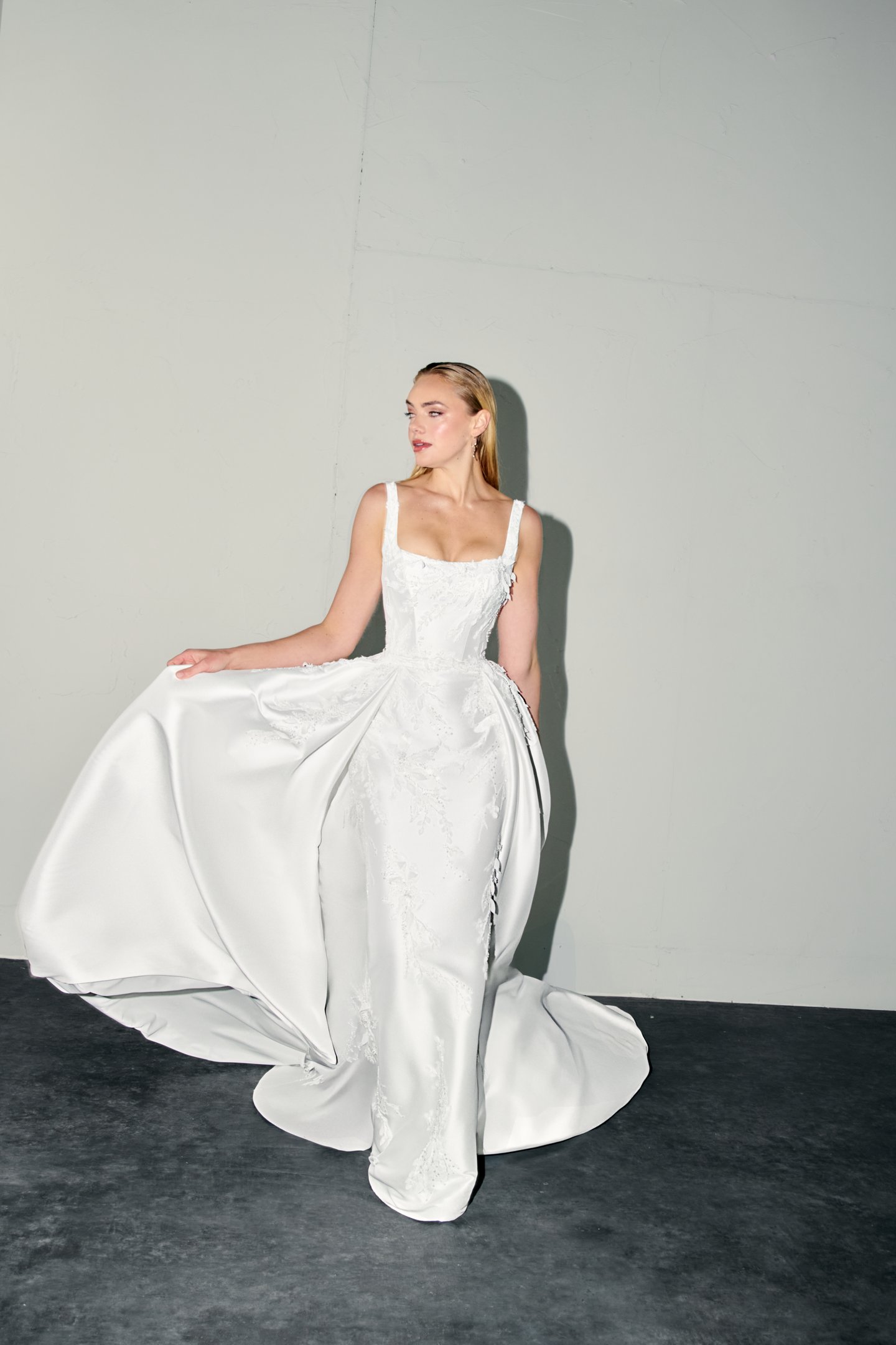 Justin Alexander Signature Style 99397 CARYS Stretch Mikado Fit & Flare with Floral Lace Appliqués and 3D Petals