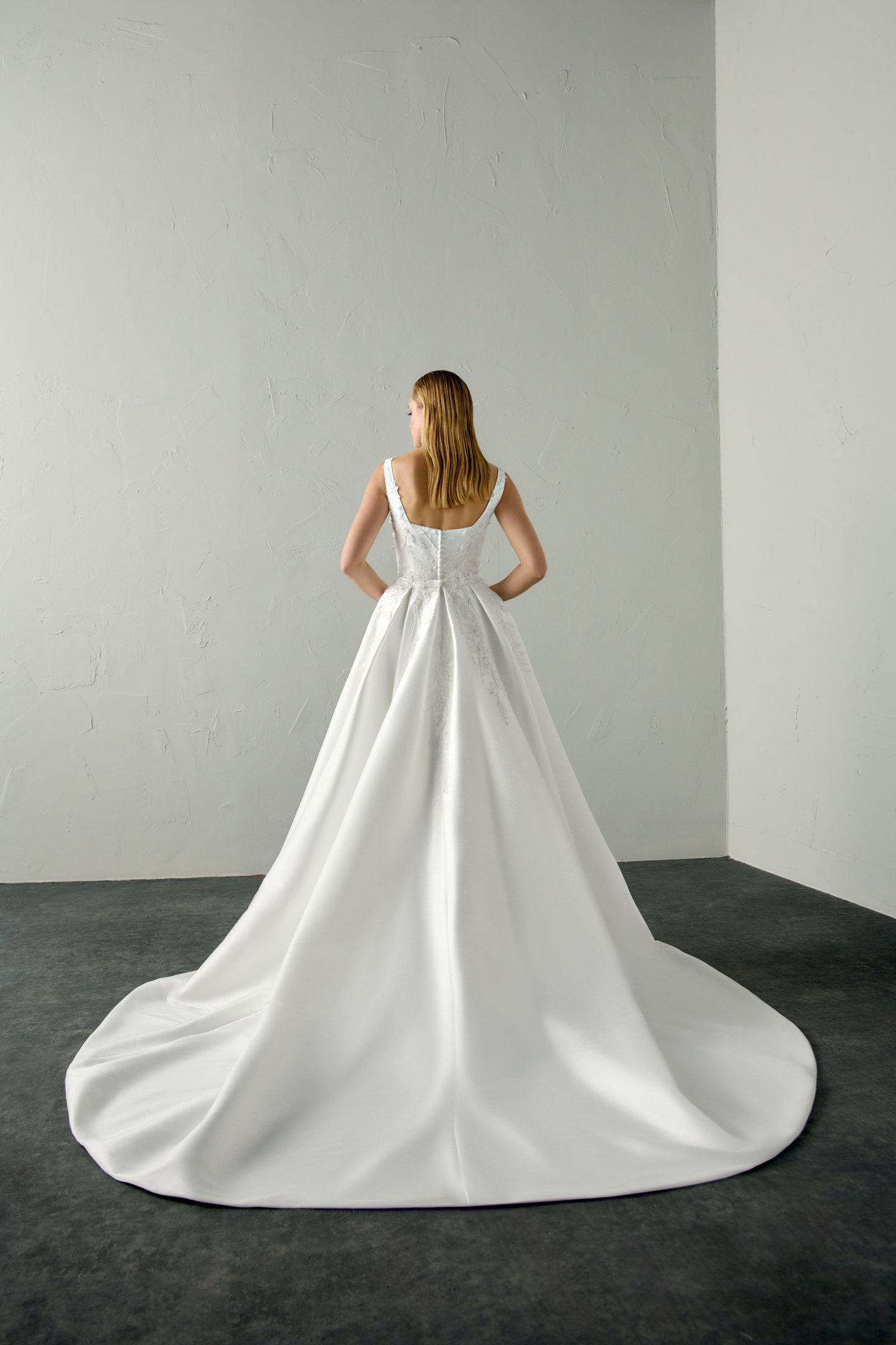 Justin Alexander Signature Style 99397DT CARYS TRAIN Stretch Mikado Detachable Train with Box Pleating and Lace Appliqués