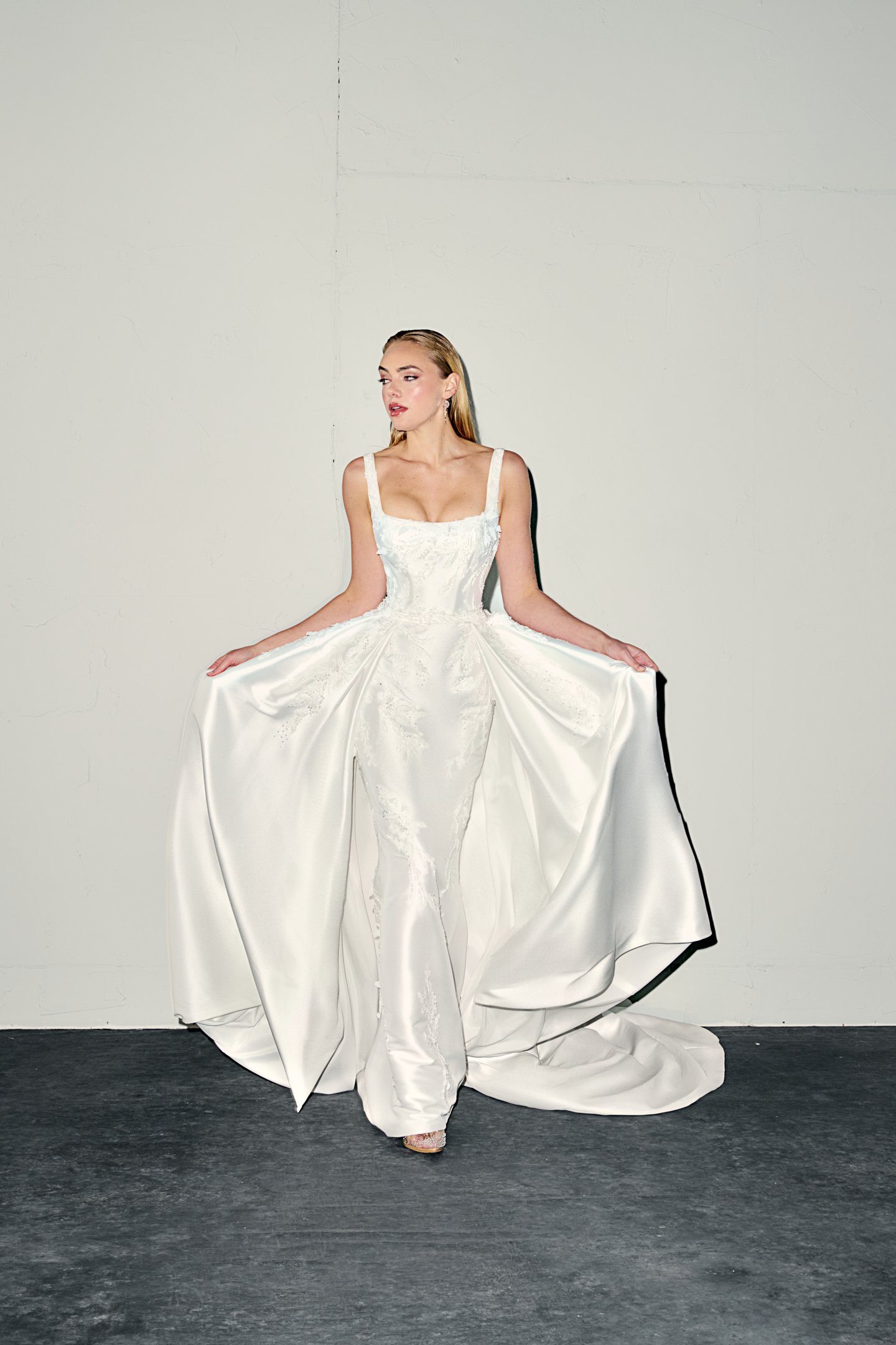 Justin Alexander Signature Style 99397DT CARYS TRAIN Stretch Mikado Detachable Train with Box Pleating and Lace Appliqués