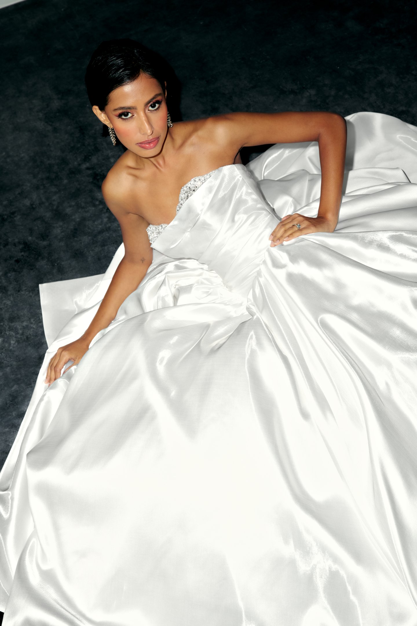 Justin Alexander Signature Style 99398 ECHO Liquid Satin Ball Gown with Crystal Peek-a-Boo Neckline