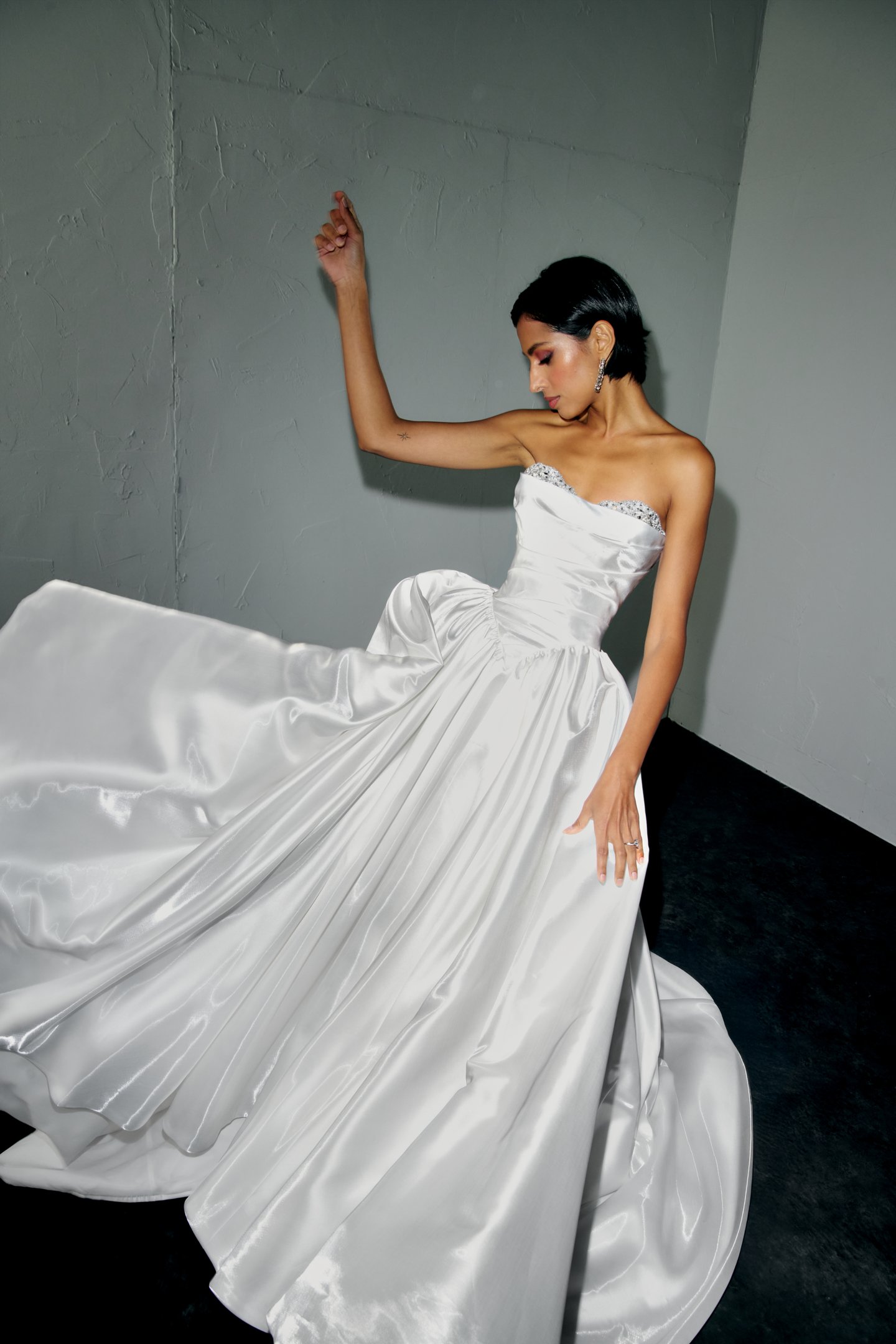 Justin Alexander Signature Style 99398 ECHO Liquid Satin Ball Gown with Crystal Peek-a-Boo Neckline