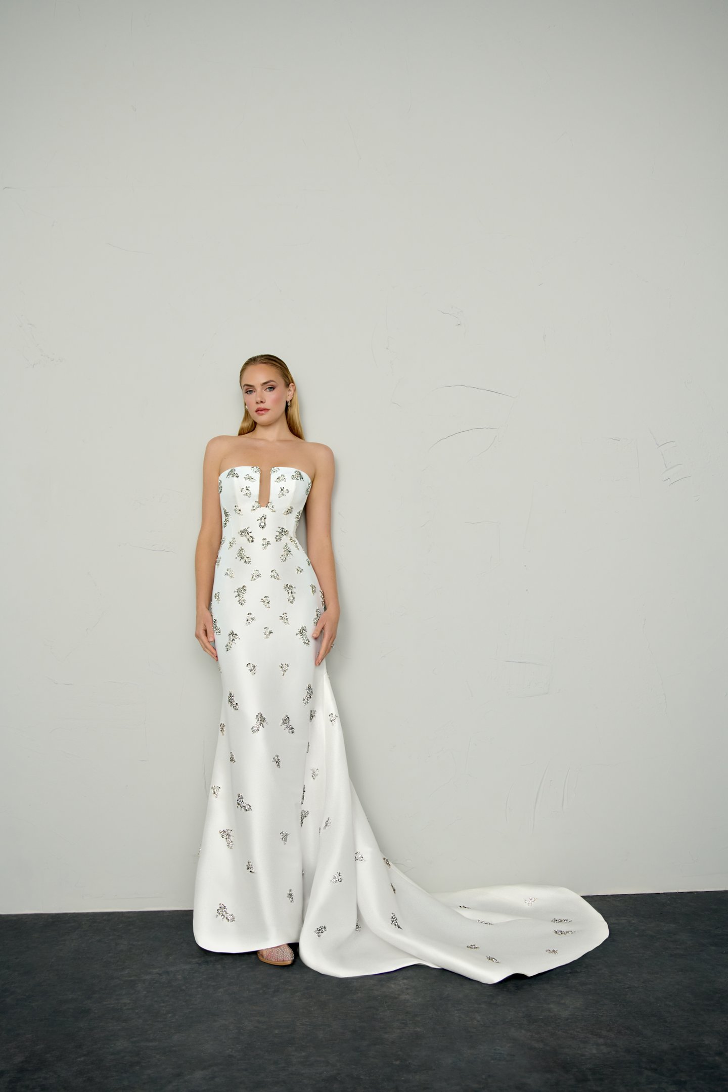 Justin Alexander Signature Style 99399 VICE Stretch Mikado Fit & Flare with Crystal Beading on Bodice and Skirt