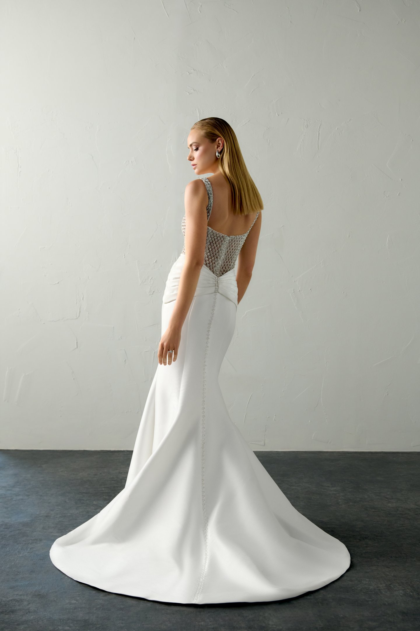 Justin Alexander Signature Style 99400 WILDE Stretch Mikado Fit & Flare with Beaded Bodice and Basque Waistline