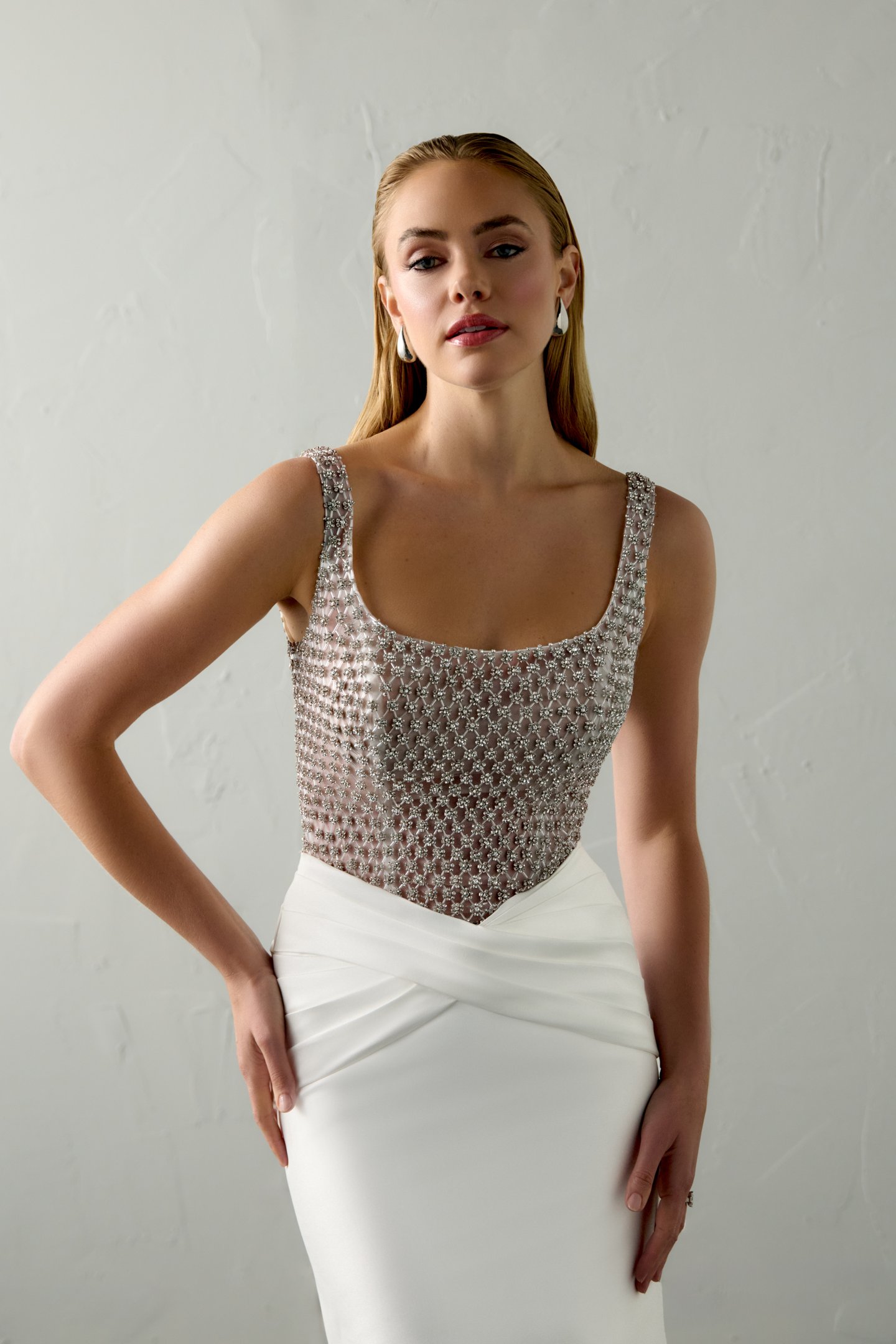 Justin Alexander Signature Style 99400 WILDE Stretch Mikado Fit & Flare with Beaded Bodice and Basque Waistline