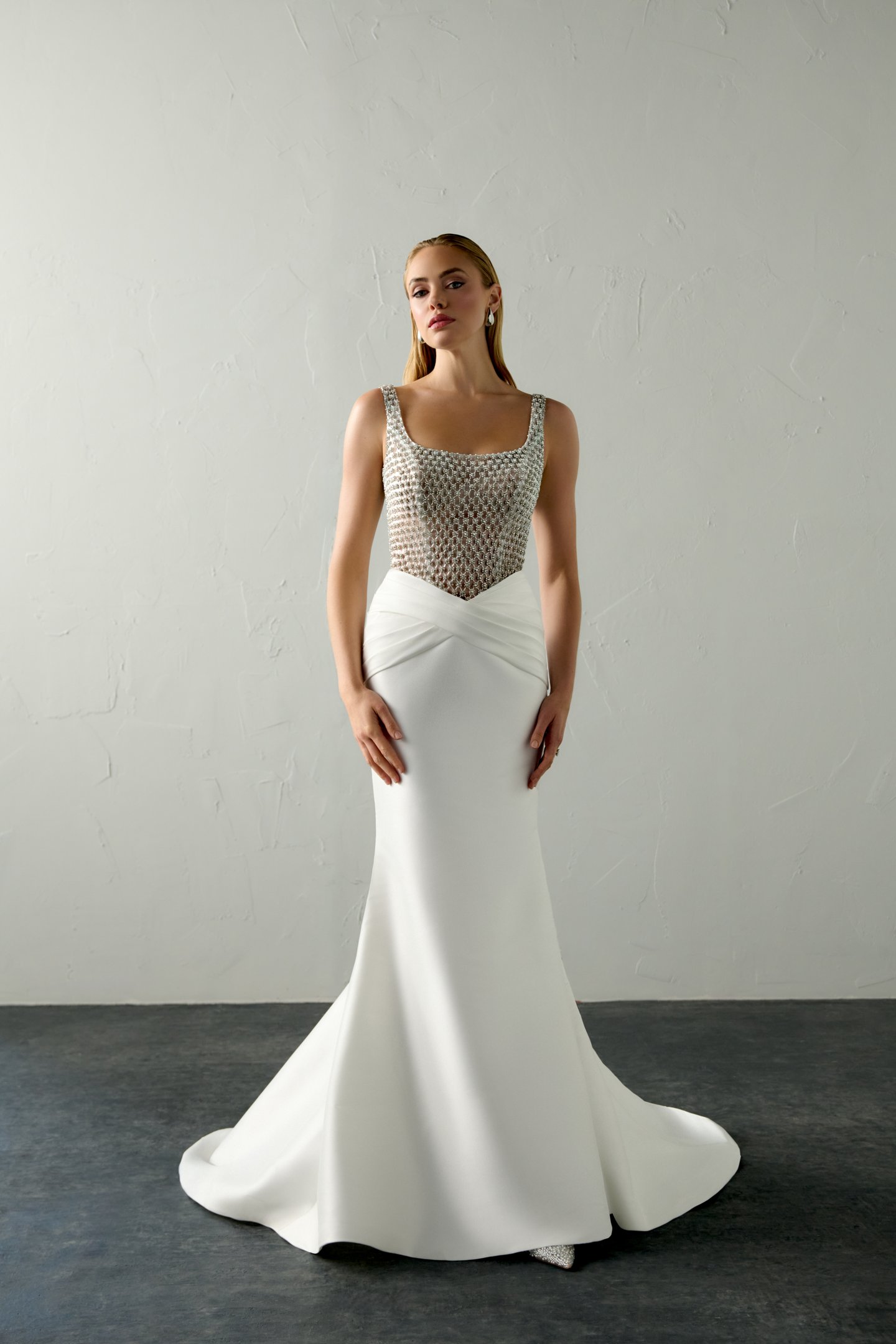 Justin Alexander Signature Style 99400 WILDE Stretch Mikado Fit & Flare with Beaded Bodice and Basque Waistline