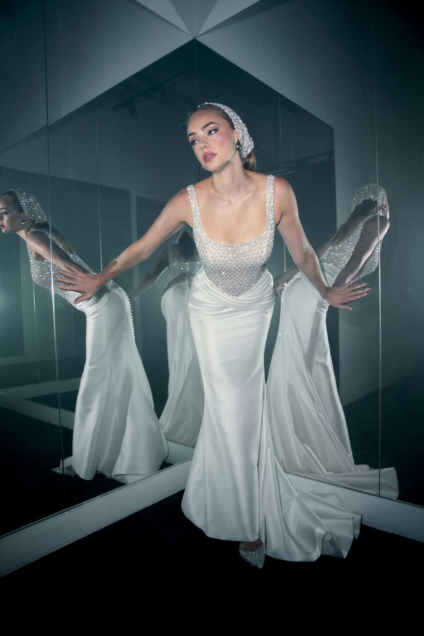 Justin Alexander Signature Style 99400 WILDE Stretch Mikado Fit & Flare with Beaded Bodice and Basque Waistline