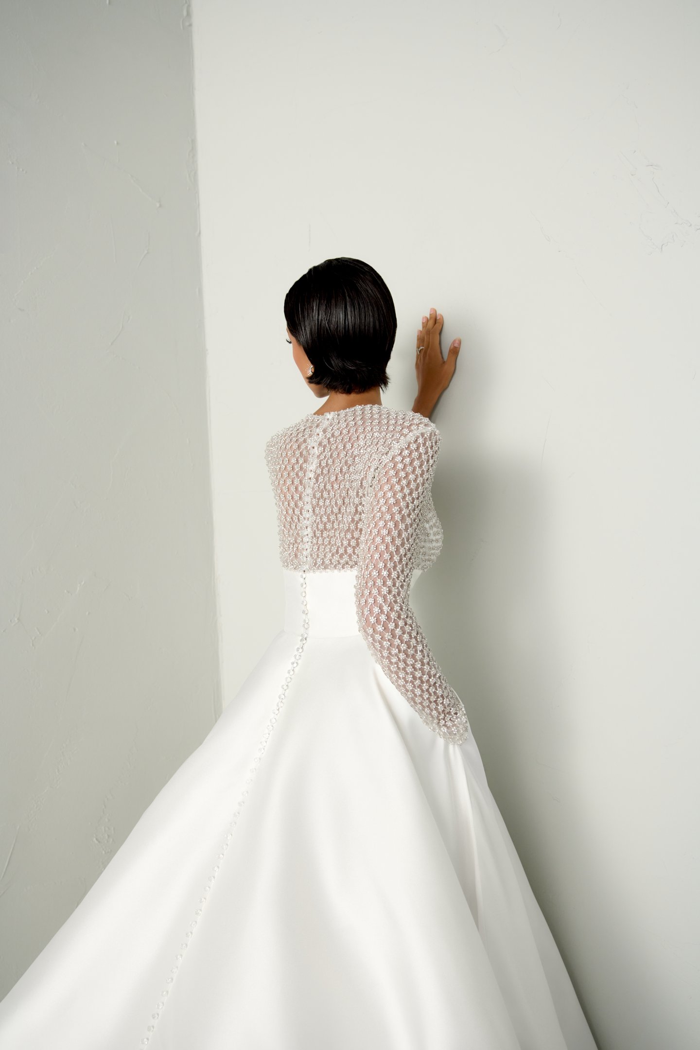 Justin Alexander Signature Style 99401 WHISPER Mikado Ball Gown with Fully Beaded Sabrina Neckline and Long Sleeves