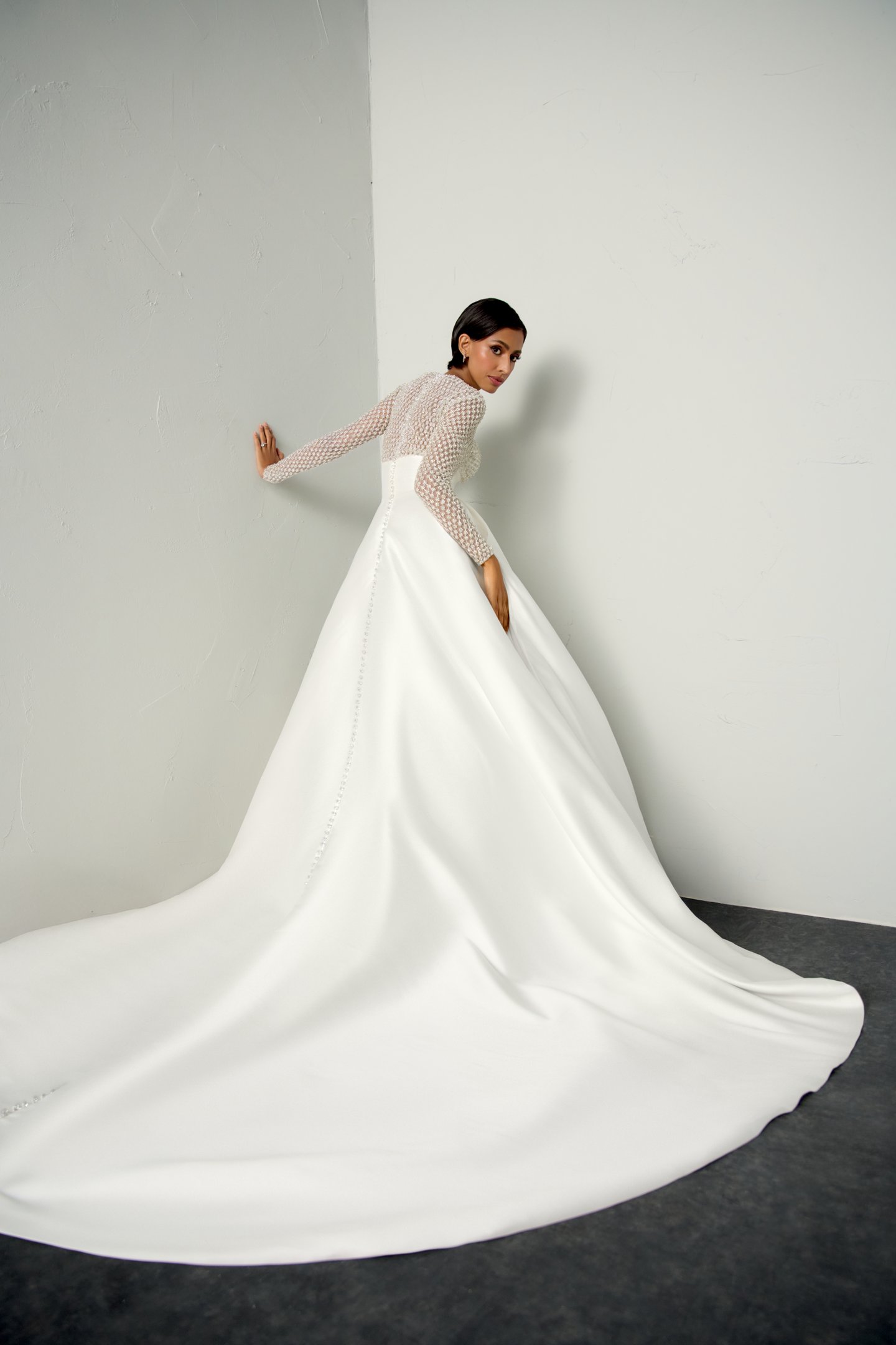 Justin Alexander Signature Style 99401 WHISPER Mikado Ball Gown with Fully Beaded Sabrina Neckline and Long Sleeves