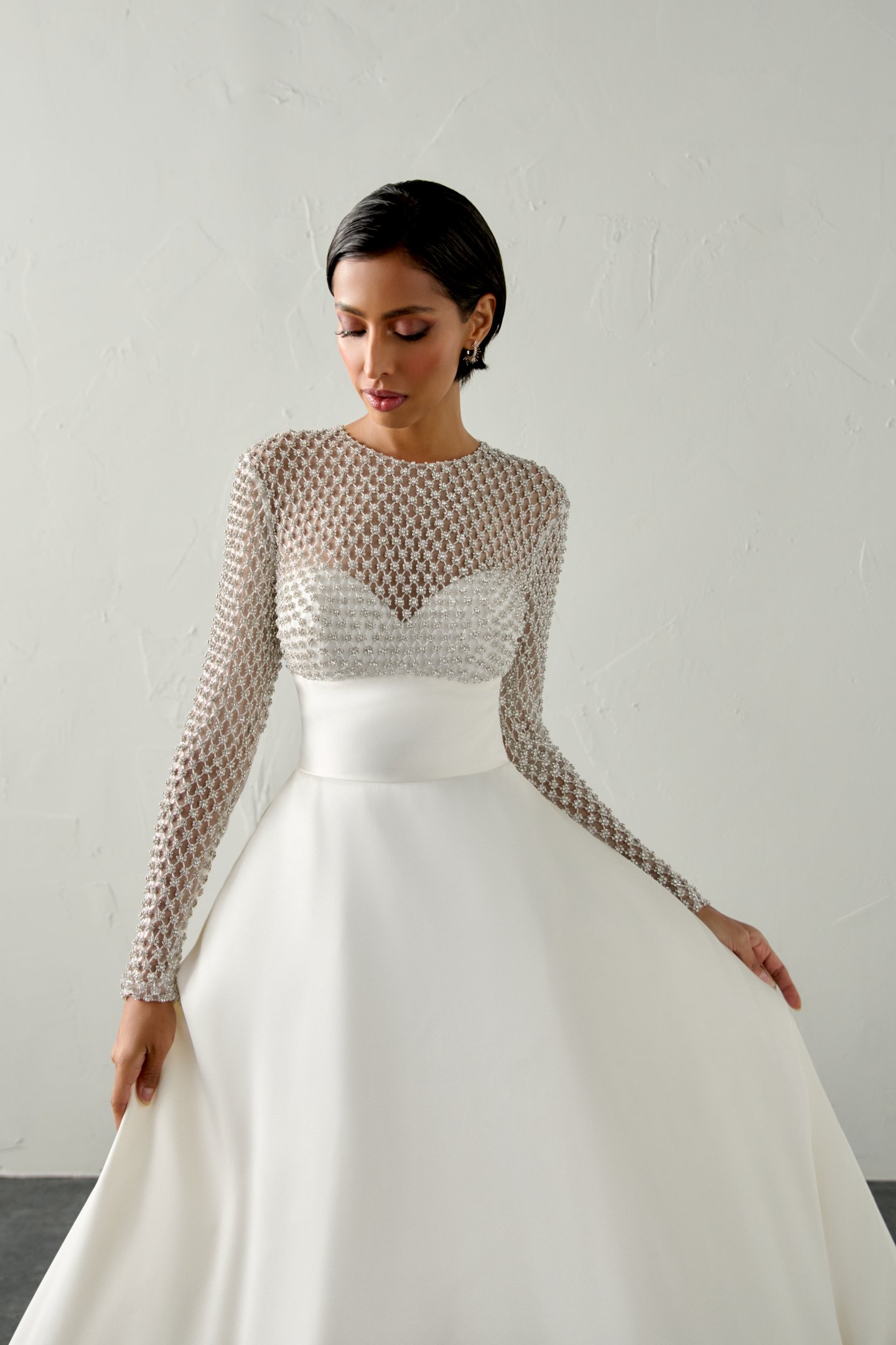 Justin Alexander Signature Style 99401 WHISPER Mikado Ball Gown with Fully Beaded Sabrina Neckline and Long Sleeves