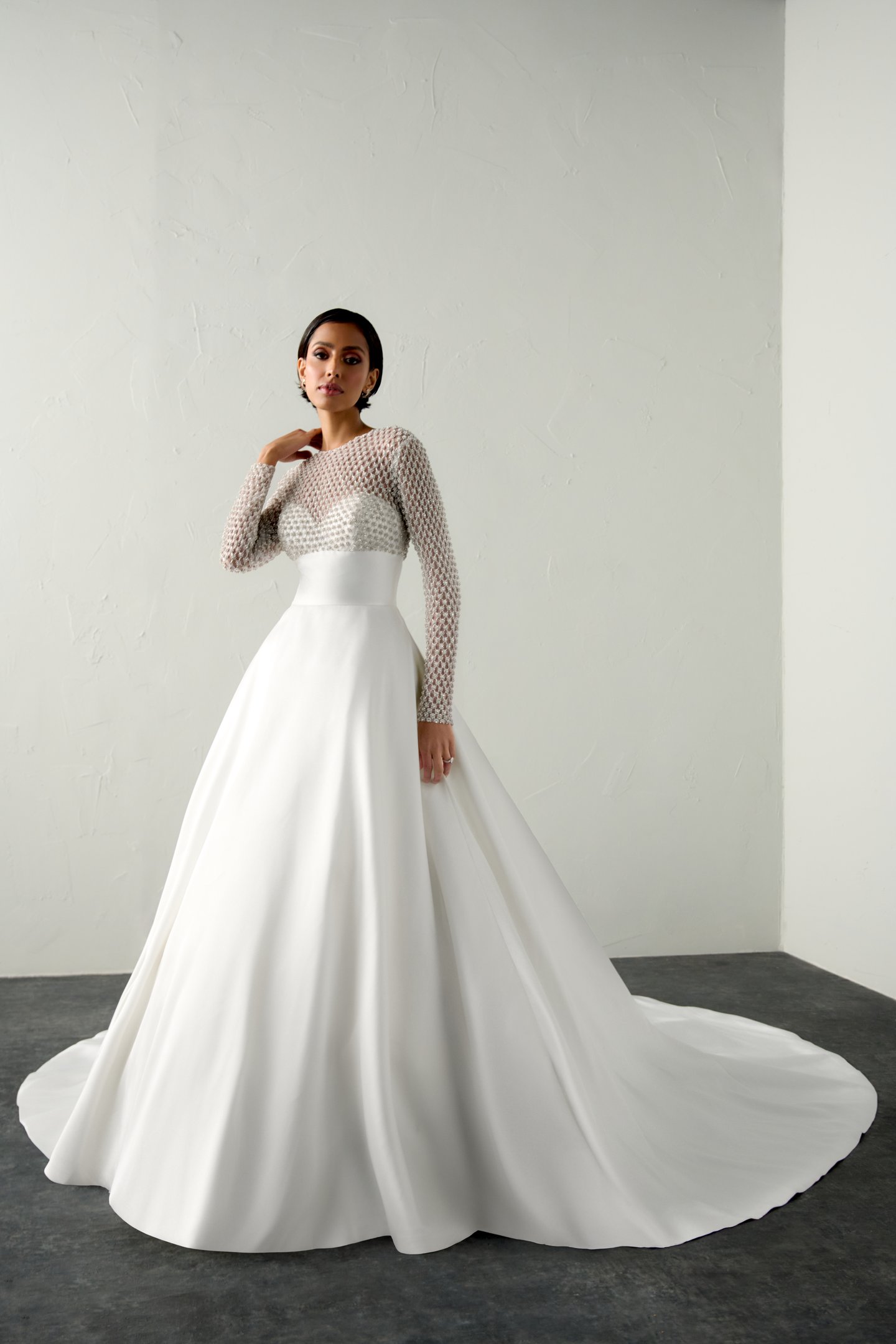 Justin Alexander Signature Style 99401 WHISPER Mikado Ball Gown with Fully Beaded Sabrina Neckline and Long Sleeves