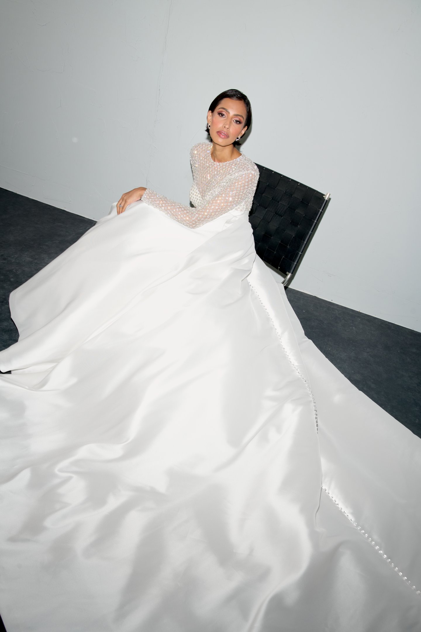 Justin Alexander Signature Style 99401 WHISPER Mikado Ball Gown with Fully Beaded Sabrina Neckline and Long Sleeves