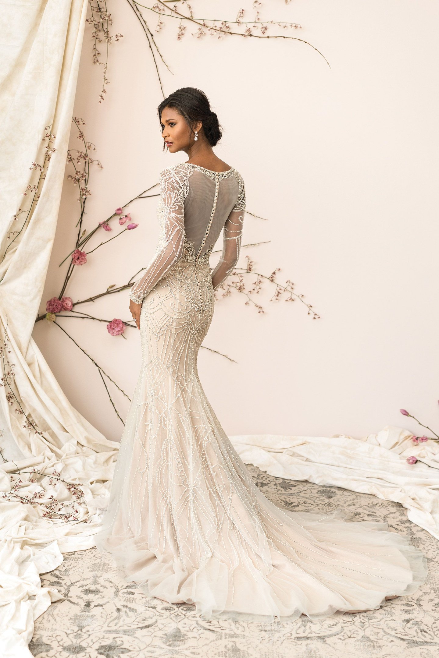 Justin Alexander Signature Style 9894 Plunging V-Neck Allover Beaded Fit and Flare Gown