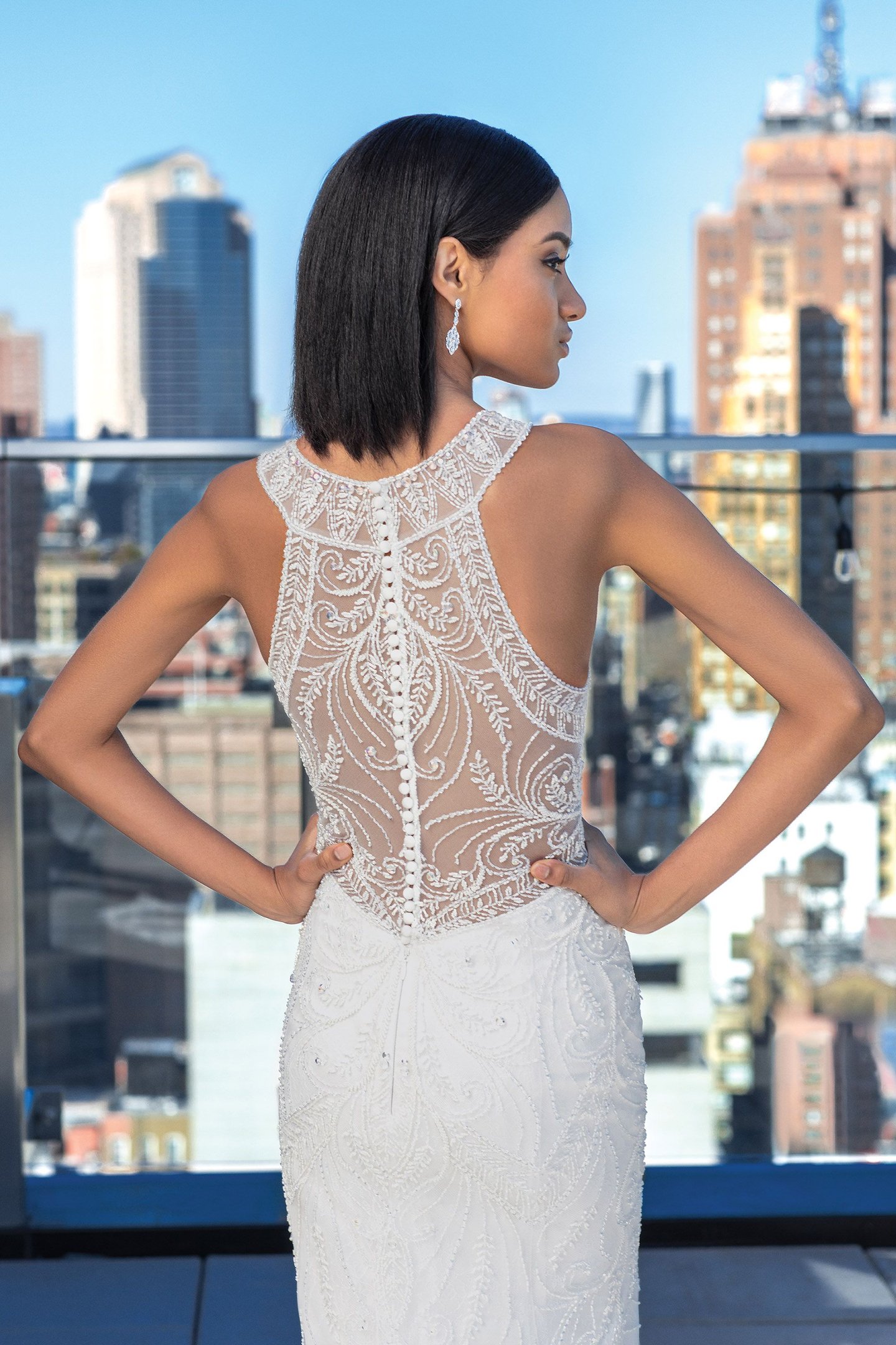 Justin Alexander Signature Style 99026 Allover Beaded Fit and Flare Dress with Jewel Neckline