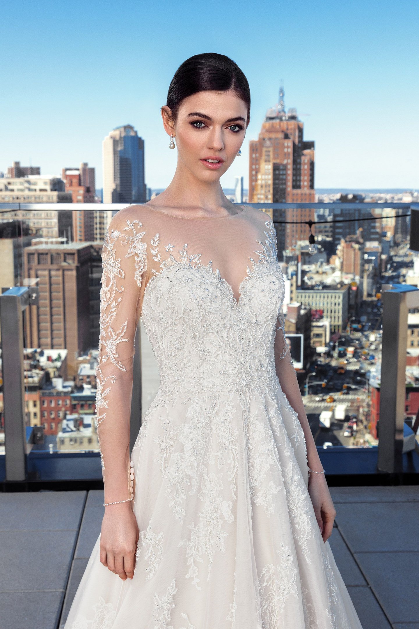 Justin Alexander Signature Style 99029 Illusion Beaded Sabrina Long Sleeve Dress
