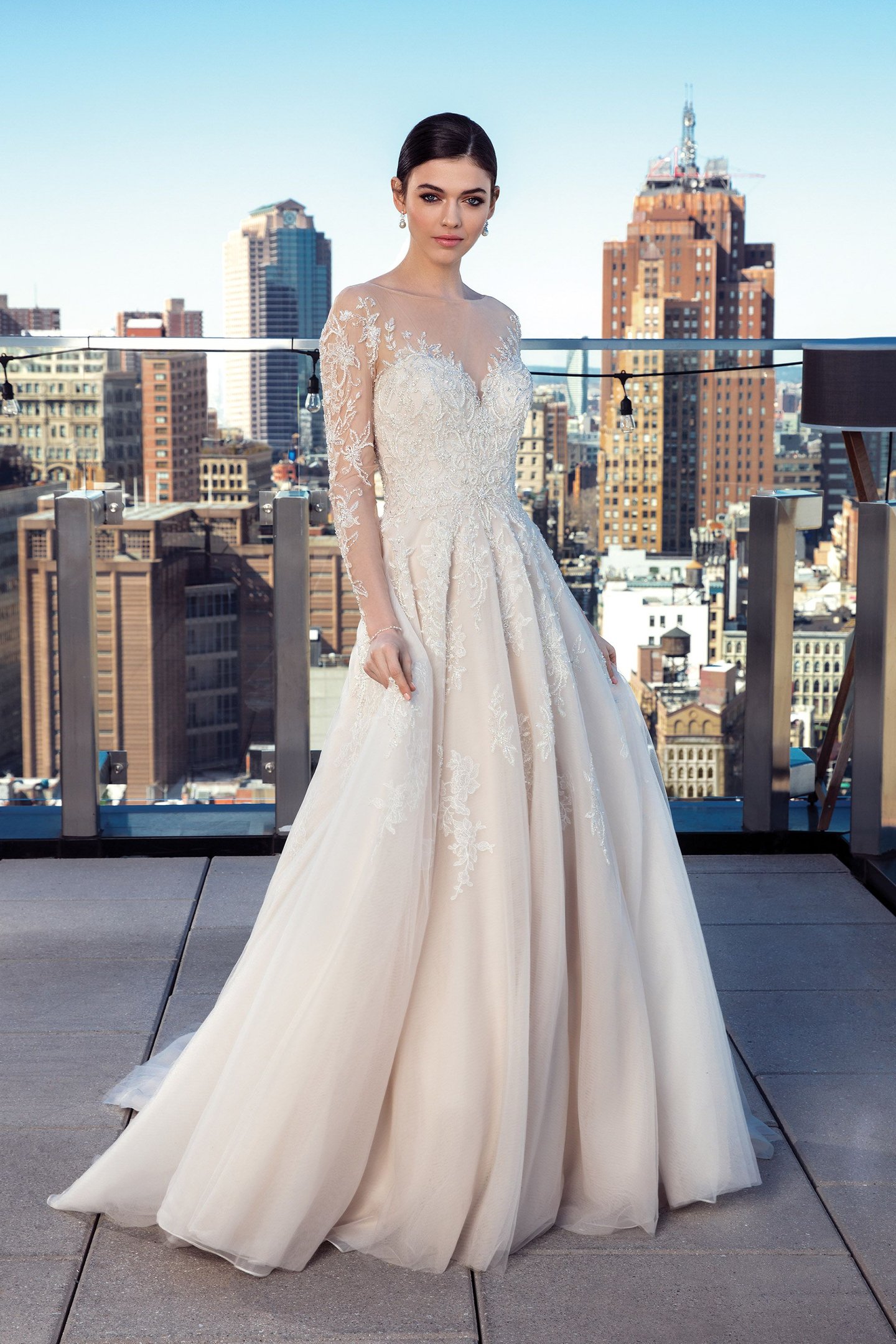 Justin Alexander Signature Style 99029 Illusion Beaded Sabrina Long Sleeve Dress