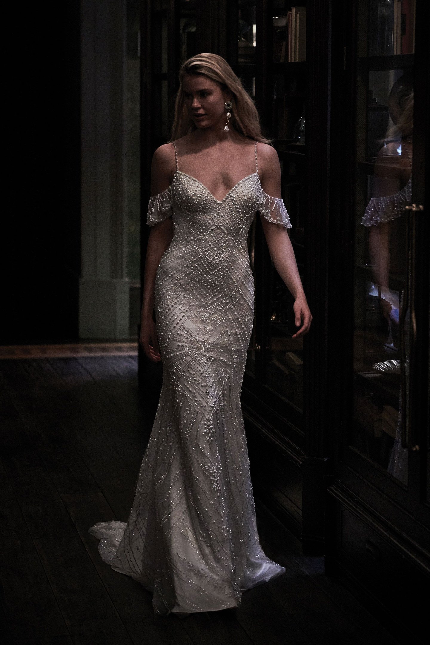 Justin Alexander Signature Style 99153 BILLIE Art Deco Beaded Fit and Flare with Detachable Flutter Sleeves