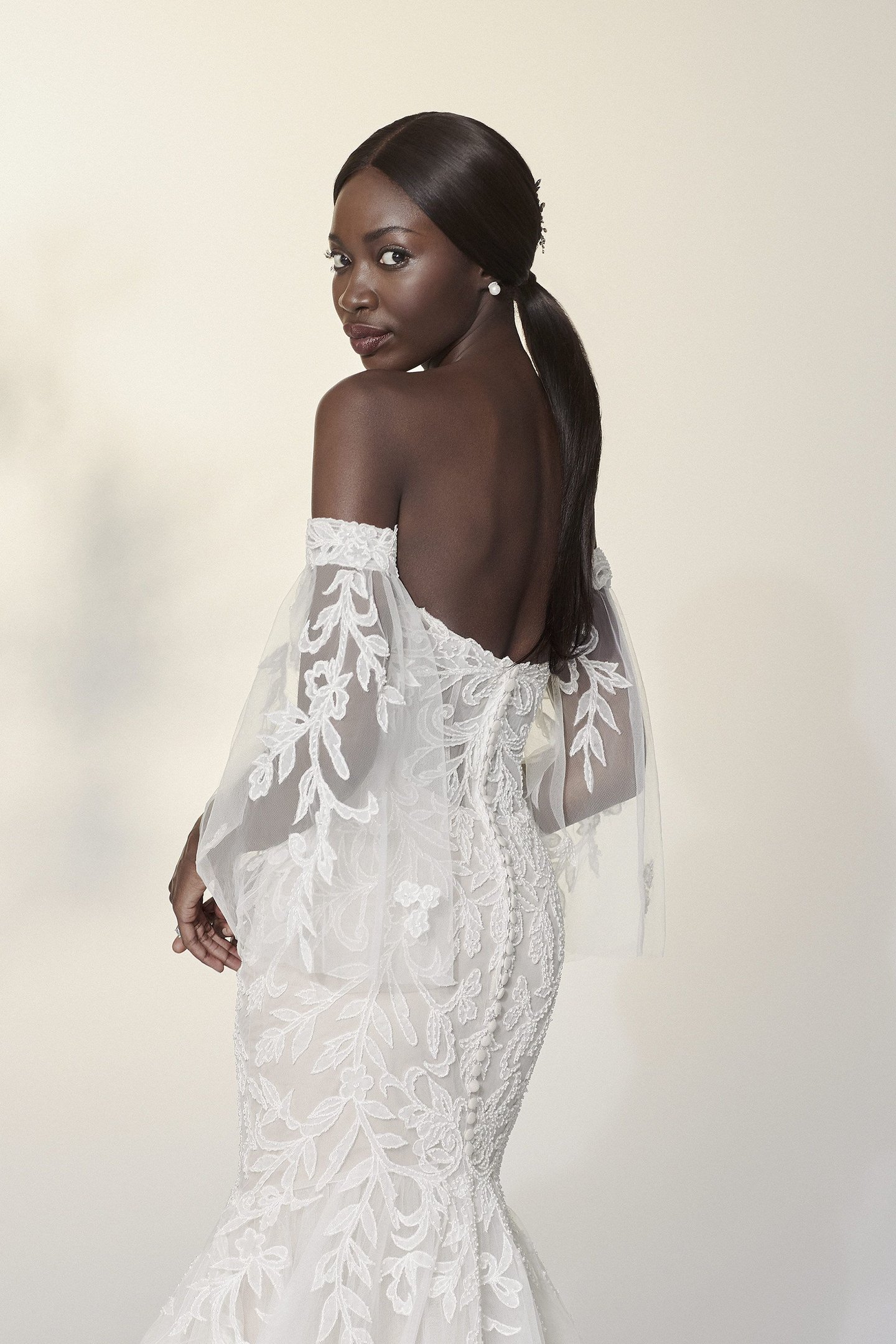 Justin Alexander Signature Style 99207SL Sylvie Sleeves Beaded Off the Shoulder Tulle Flutter Sleeves