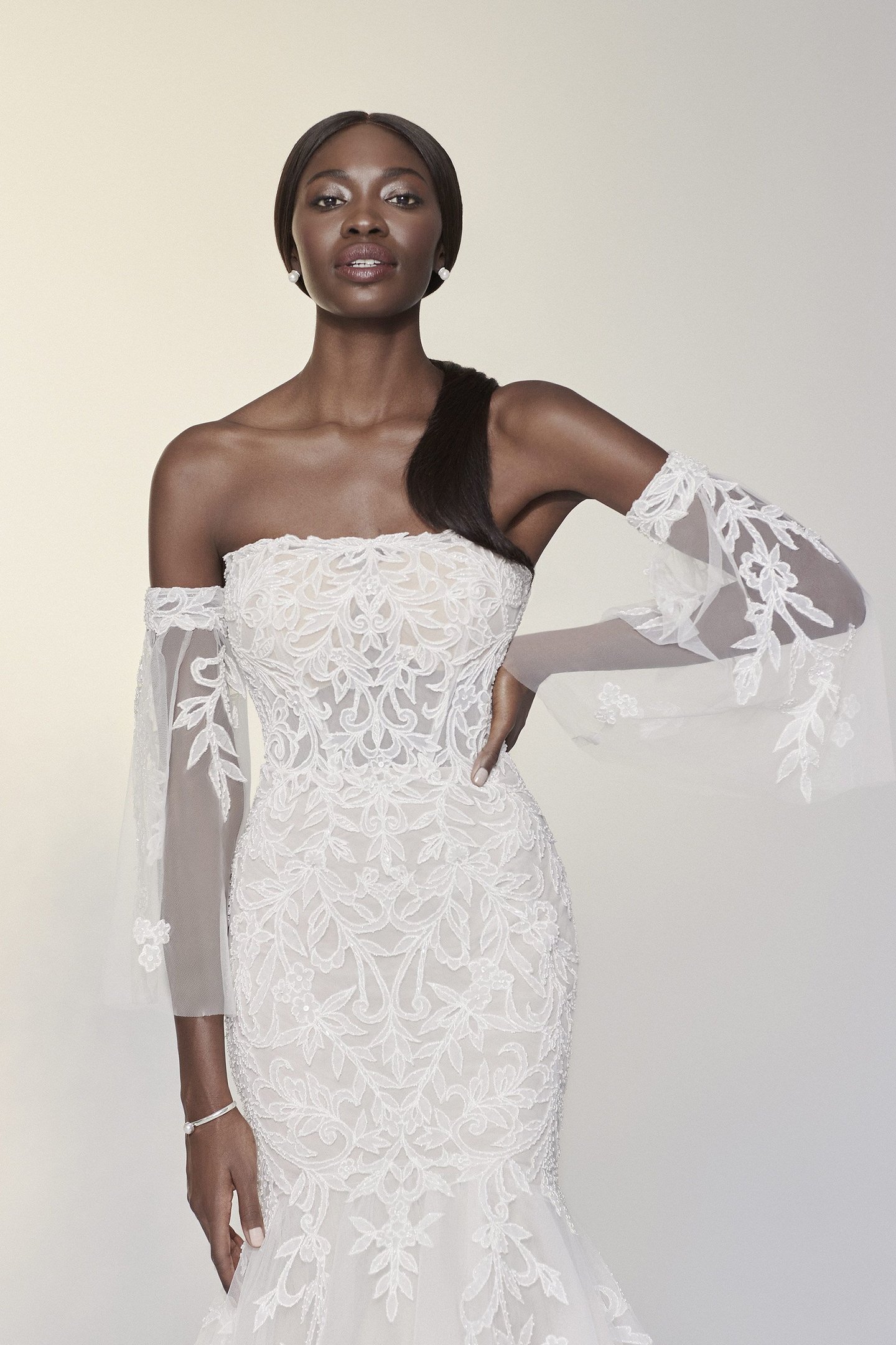 Justin Alexander Signature Style 99207SL Sylvie Sleeves Beaded Off the Shoulder Tulle Flutter Sleeves