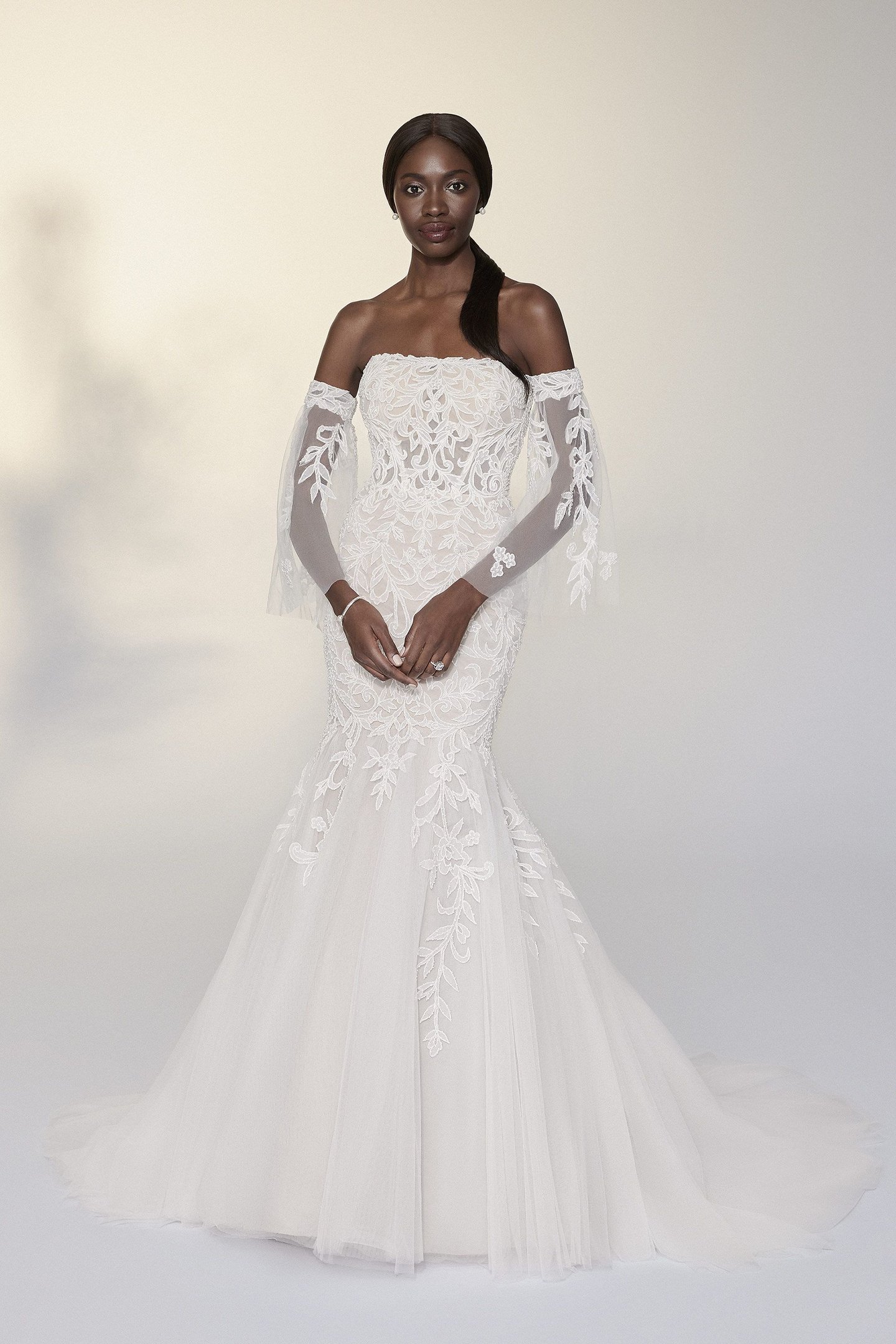 Justin Alexander Signature Style 99207SL Sylvie Sleeves Beaded Off the Shoulder Tulle Flutter Sleeves