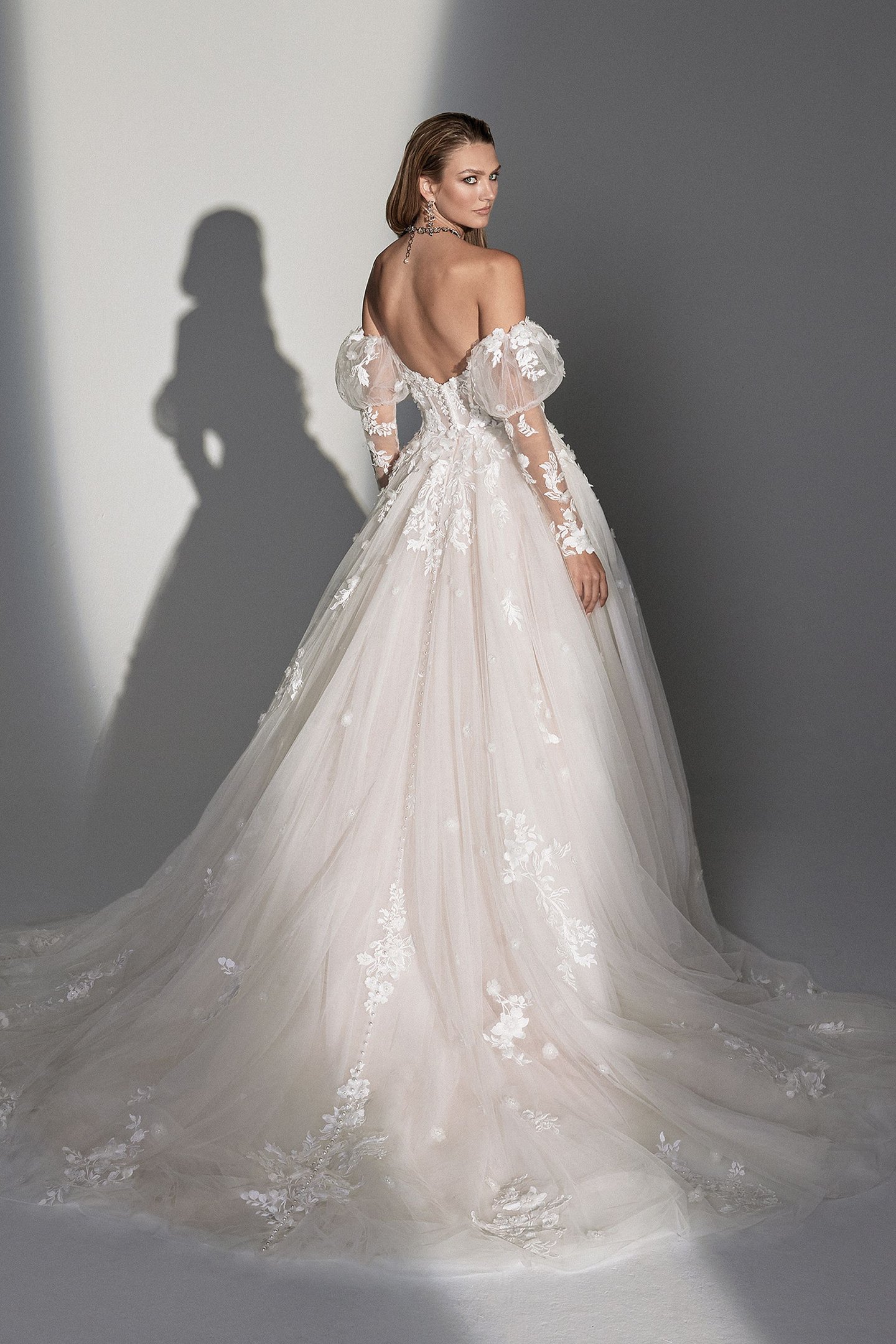 Justin Alexander Signature Style 99234SL Mary Sleeves Off the Shoulder Puff Sleeves with 3D Appliqués