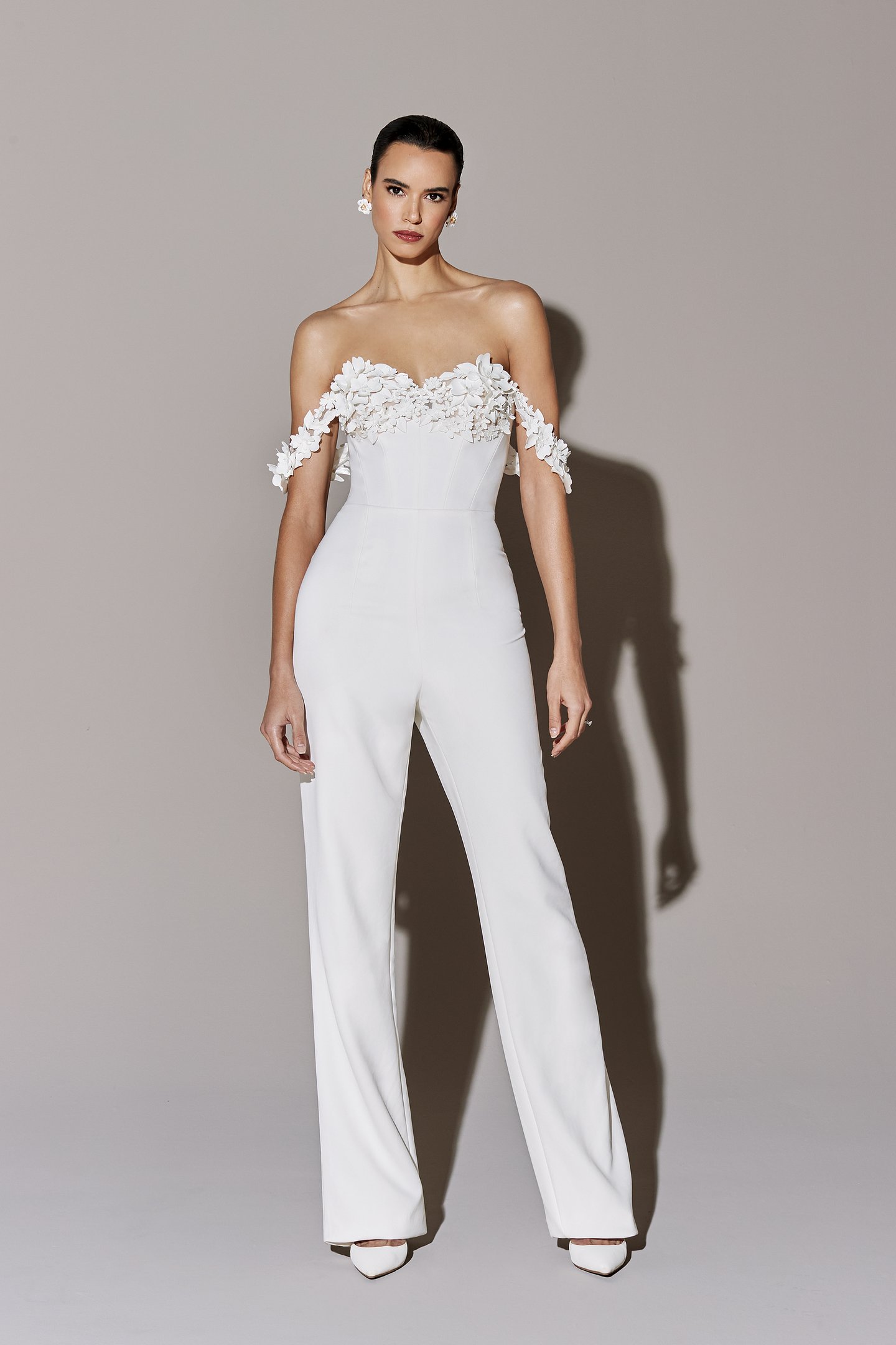 Justin Alexander Signature Style 99270 Union Jumpsuit Stretch Crepe Jumpsuit with 3D Laser Cut Flowers